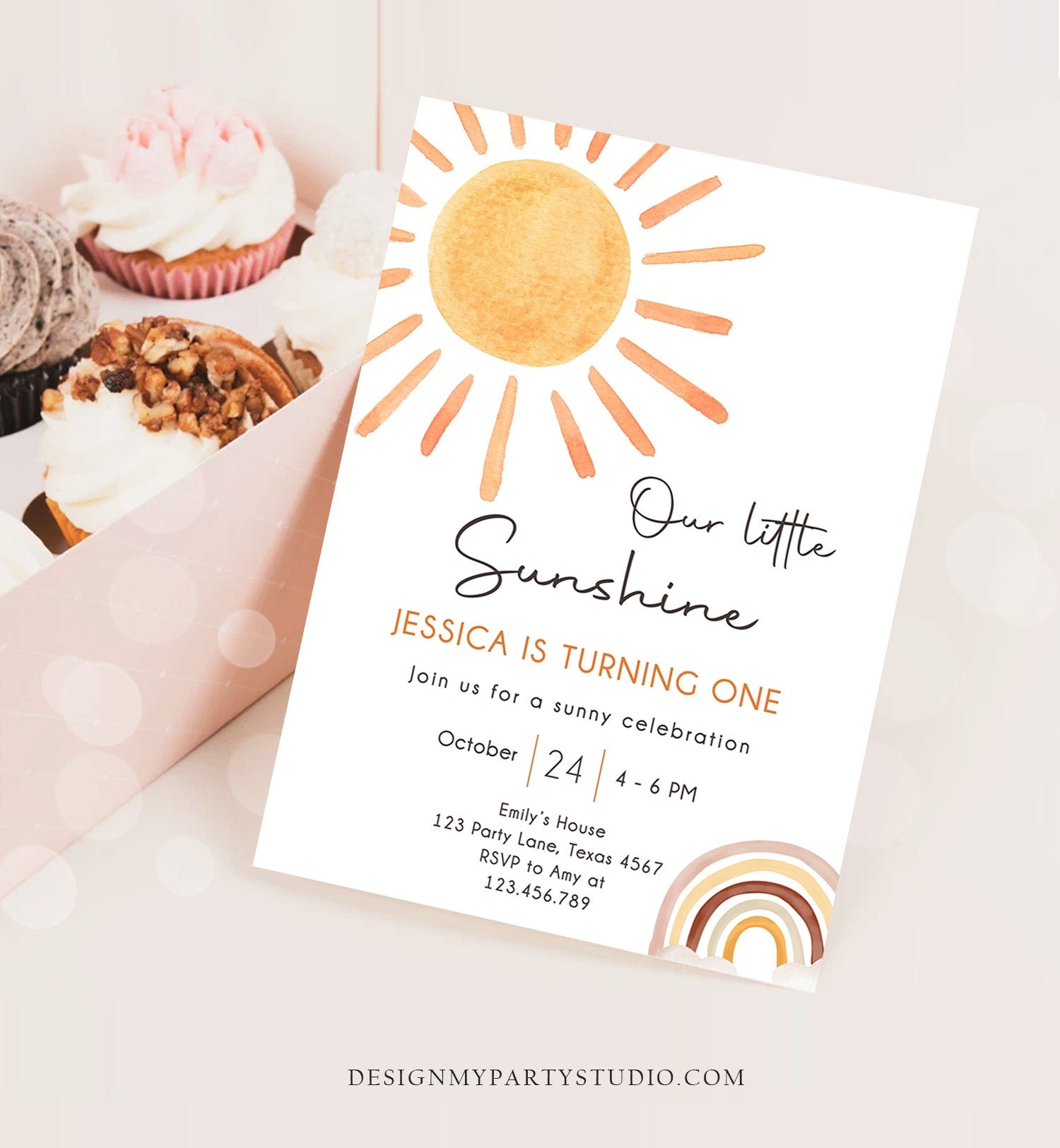 Editable Our Little Sunshine Birthday Invitation 1st Sunshine Birthday Party Neutral Boho Download Printable Template Digital Evite 0431