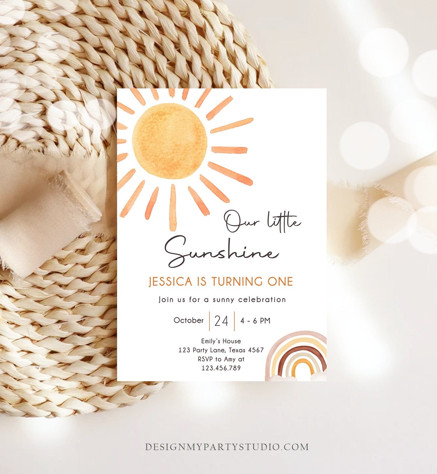 Editable Our Little Sunshine Birthday Invitation 1st Sunshine Birthday Party Neutral Boho Download Printable Template Digital Evite 0431