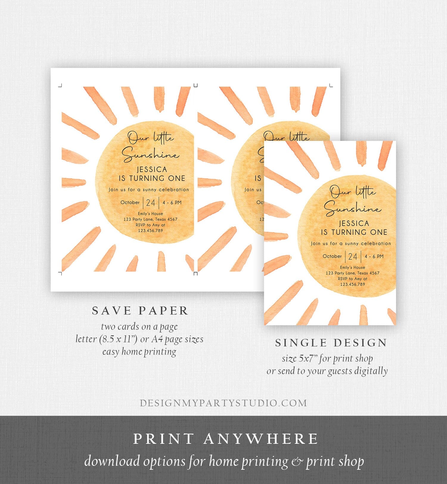 Editable Our Little Sunshine Birthday Invitation 1st Summer Sunshine Party Neutral Boho Download Printable Template Digital Corjl 0431