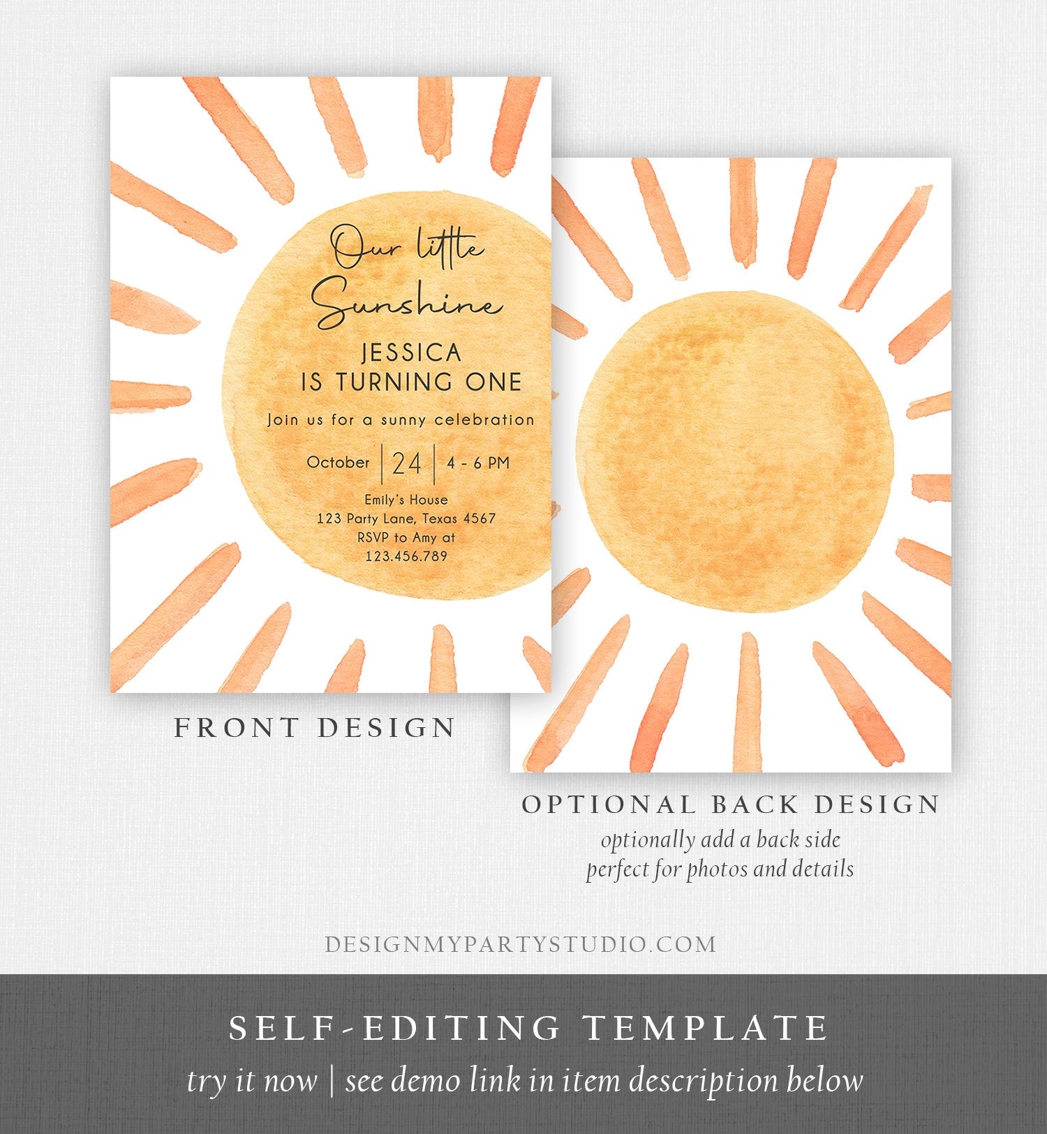 Editable Our Little Sunshine Birthday Invitation 1st Summer Sunshine Party Neutral Boho Download Printable Template Digital Corjl 0431