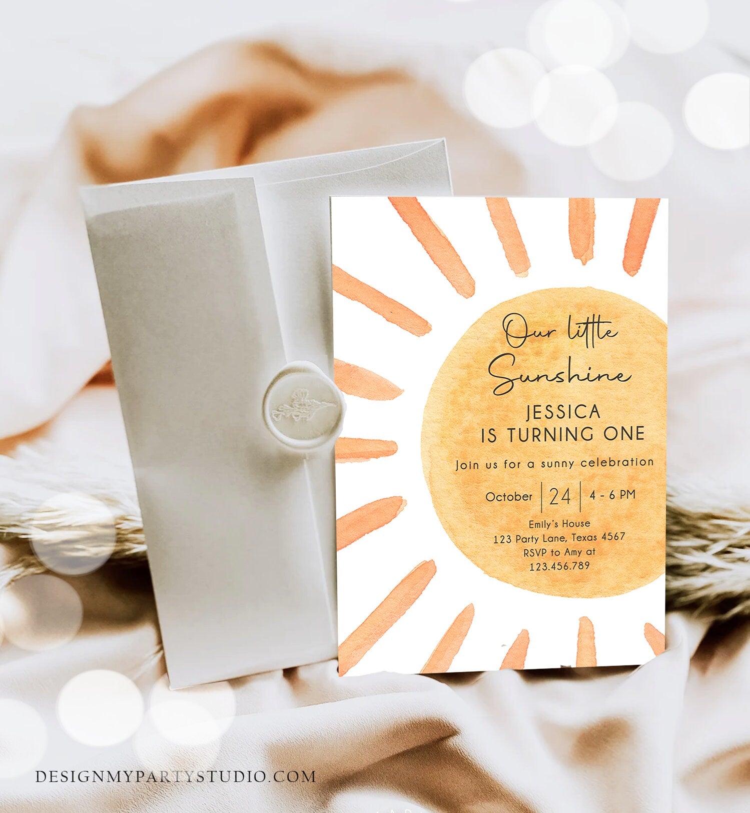 Editable Our Little Sunshine Birthday Invitation 1st Summer Sunshine Party Neutral Boho Download Printable Template Digital Corjl 0431