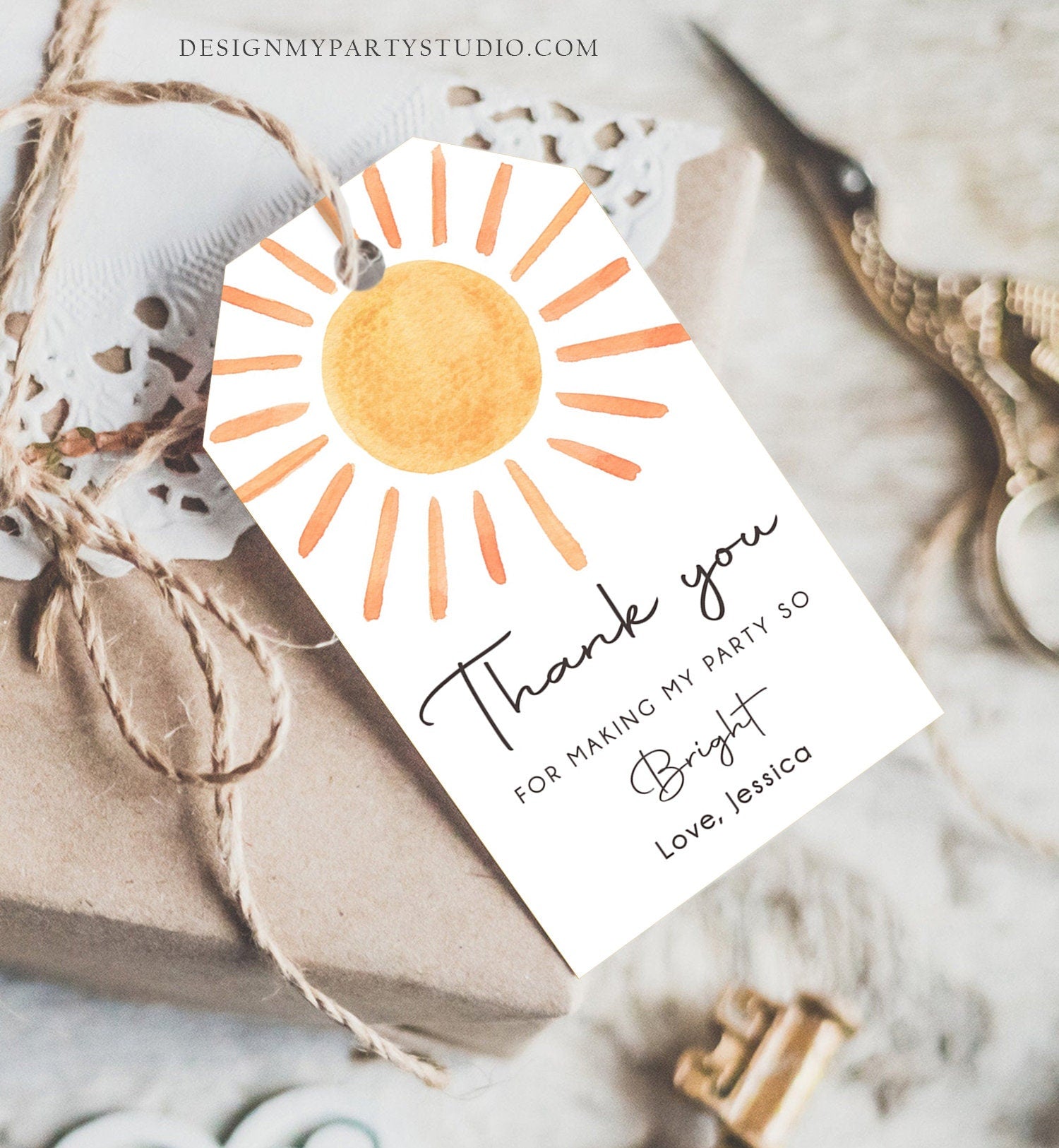 Editable Sunshine Favor tags Little Sunshine Birthday Thank you tag Girl Trip Around The Sun Boho Summer template PRINTABLE Corjl 0431