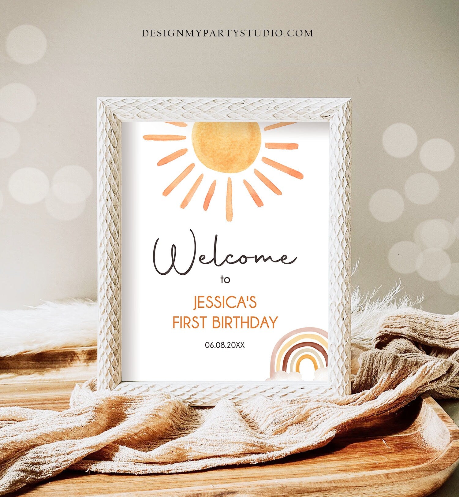 Editable Sunshine Welcome Sign First Trip Around the Sun Birthday Party Boho Gender Neutral Sun Baby Shower Template PRINTABLE Corjl 0431