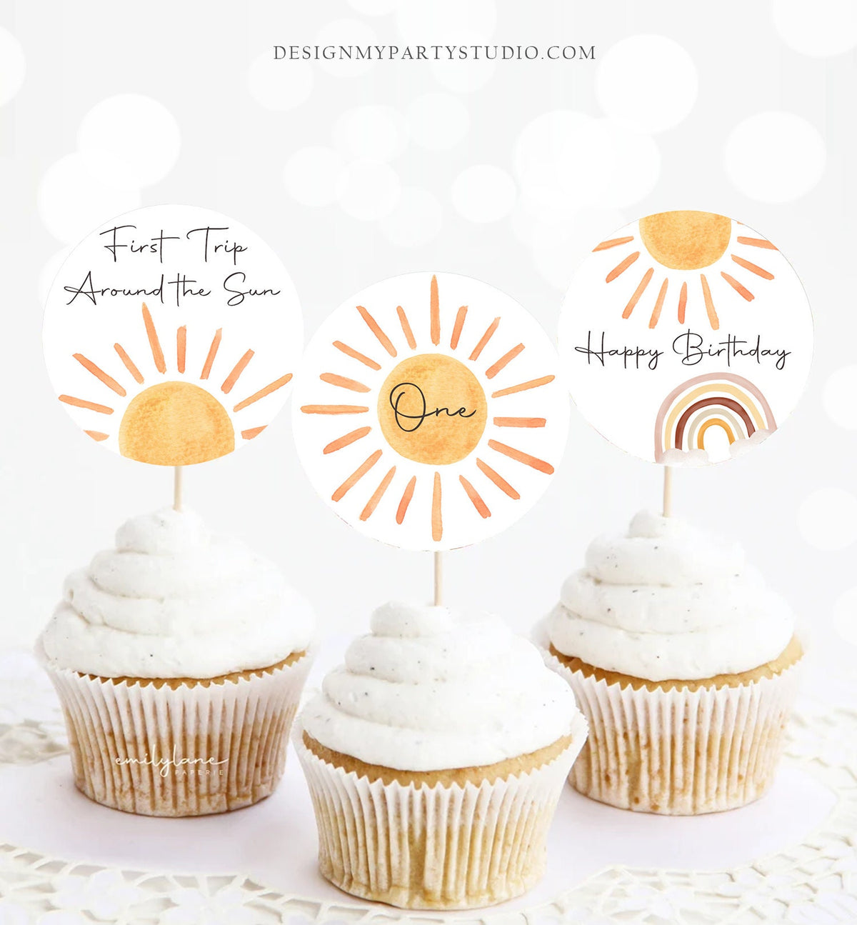 Sun Birthday Cupcake Toppers First Trip Around the Sun Favor Tags Sunshine Party Little Sunshine Decor 1st Download Digital PRINTABLE 0431