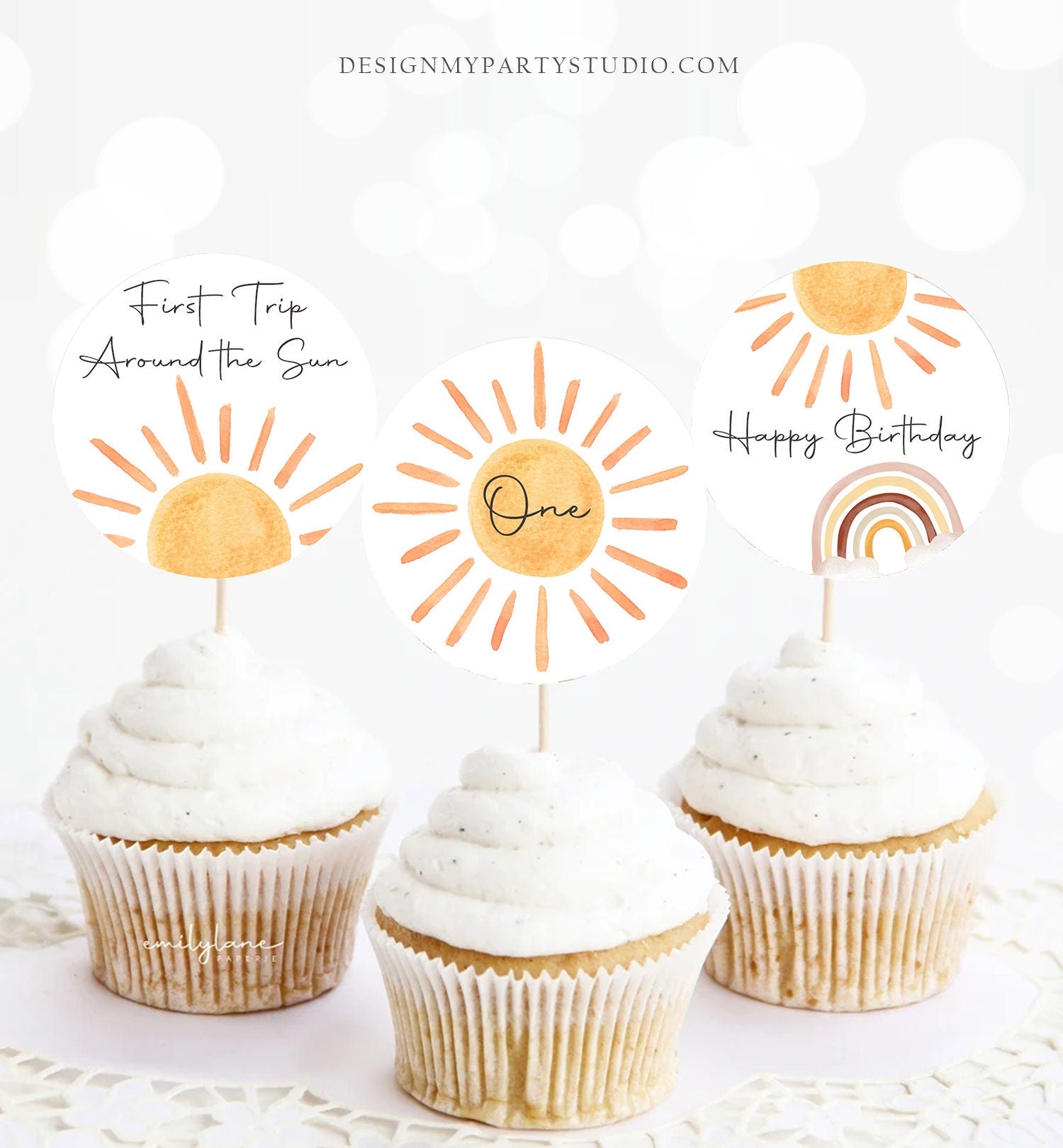 Sun Birthday Cupcake Toppers First Trip Around the Sun Favor Tags Sunshine Party Little Sunshine Decor 1st Download Digital PRINTABLE 0431