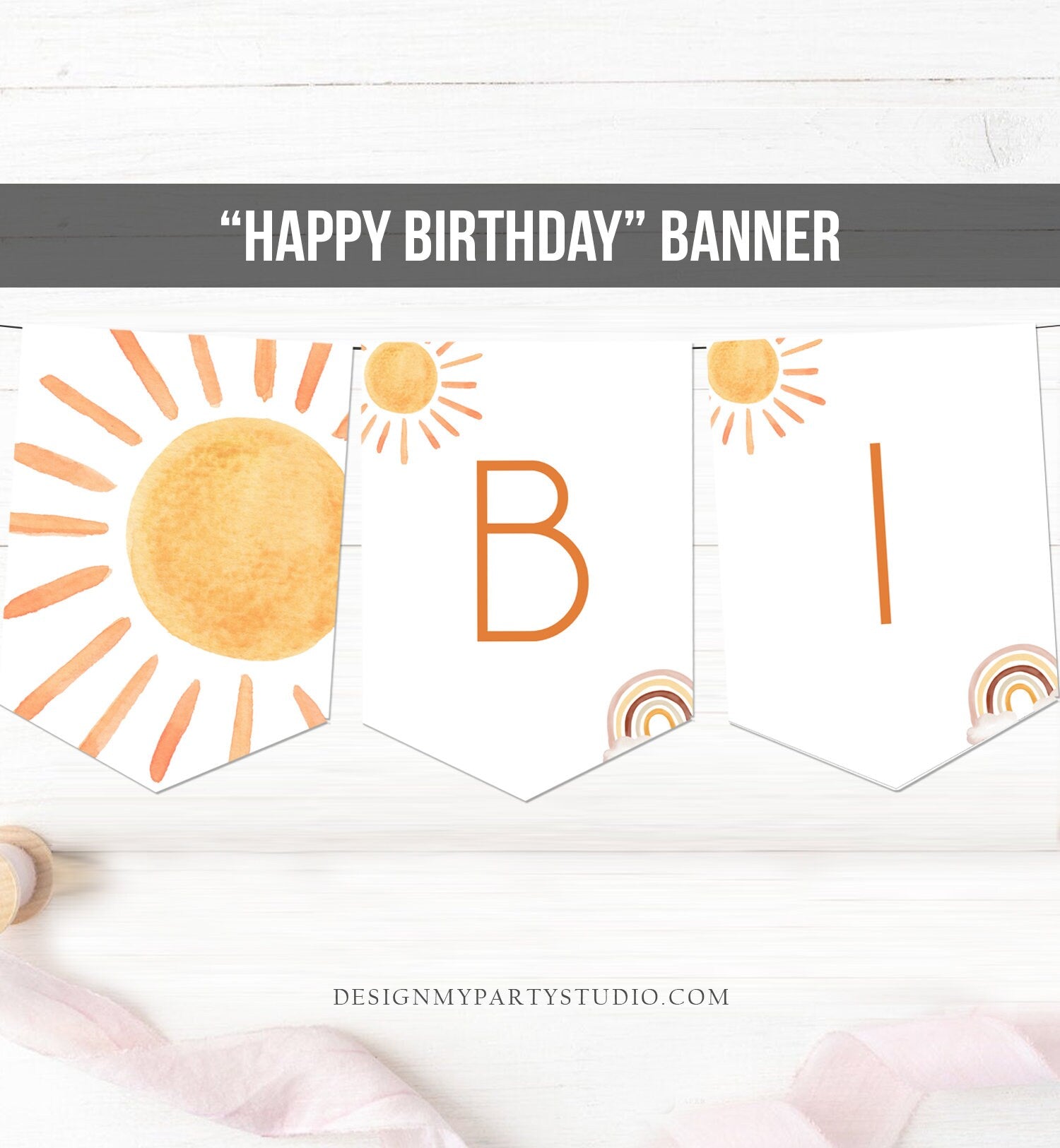 Sun Happy Birthday Banner First Trip Around the Sun Bunting Sunshine Banner Sunshine Birthday Decor Neutral Garland PRINTABLE Digital 0431