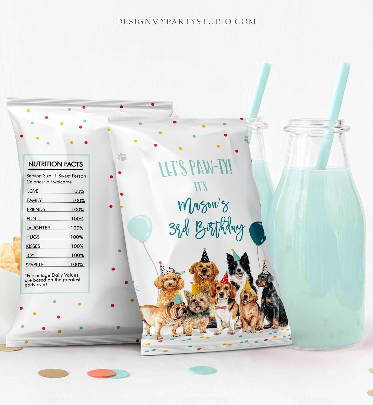 Editable Dog Chip Bag Dino Puppy Party Decor Boy Pawty Birthday Party Snack Favors Potatoes Pet Doggy Printable Digital Corjl Template 0384