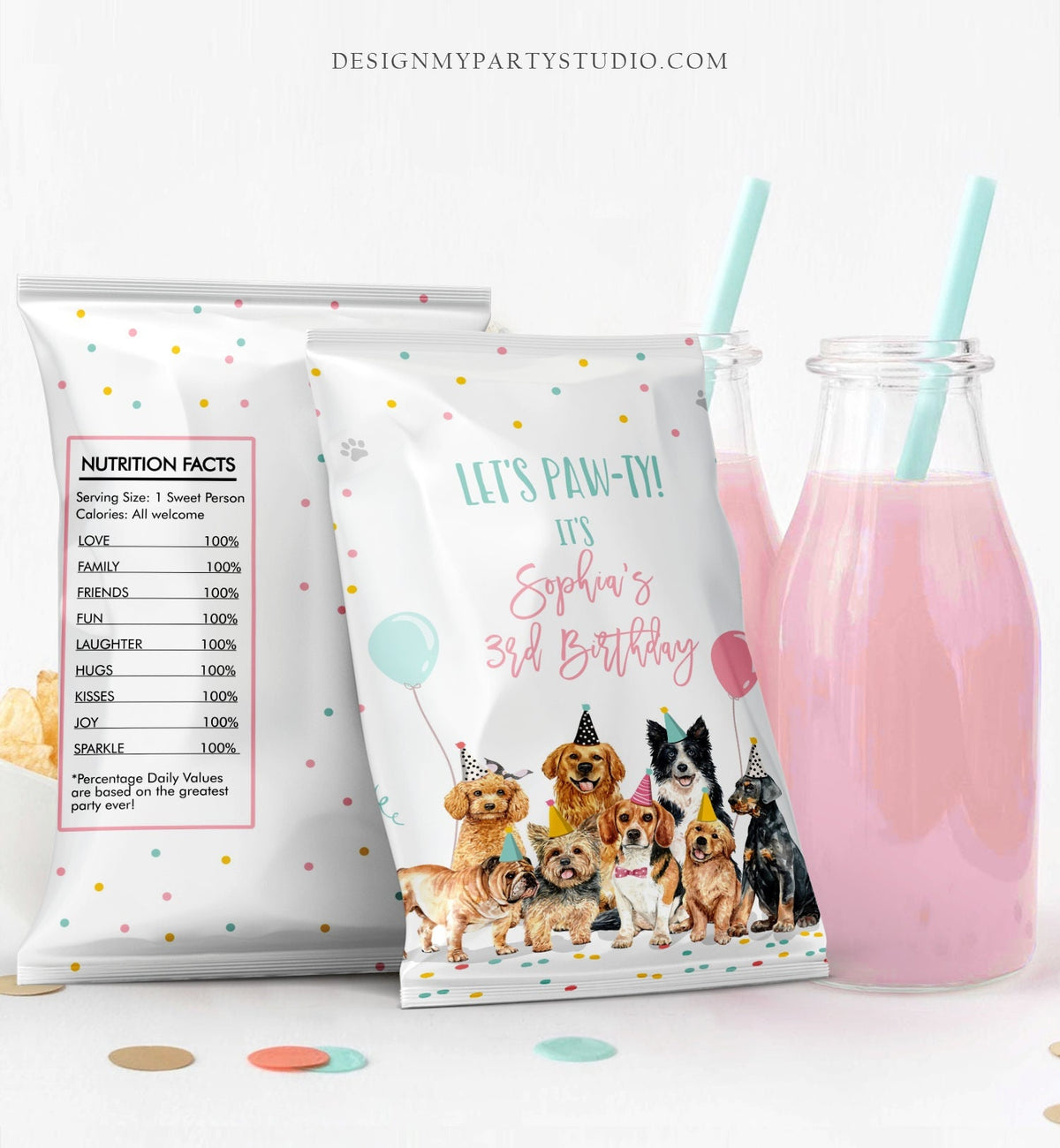 Editable Dog Chip Bag Puppy Party Decor Pawty Birthday Party Snack Favors Party Animals Pet Doggy Printable Digital Download Template 0384