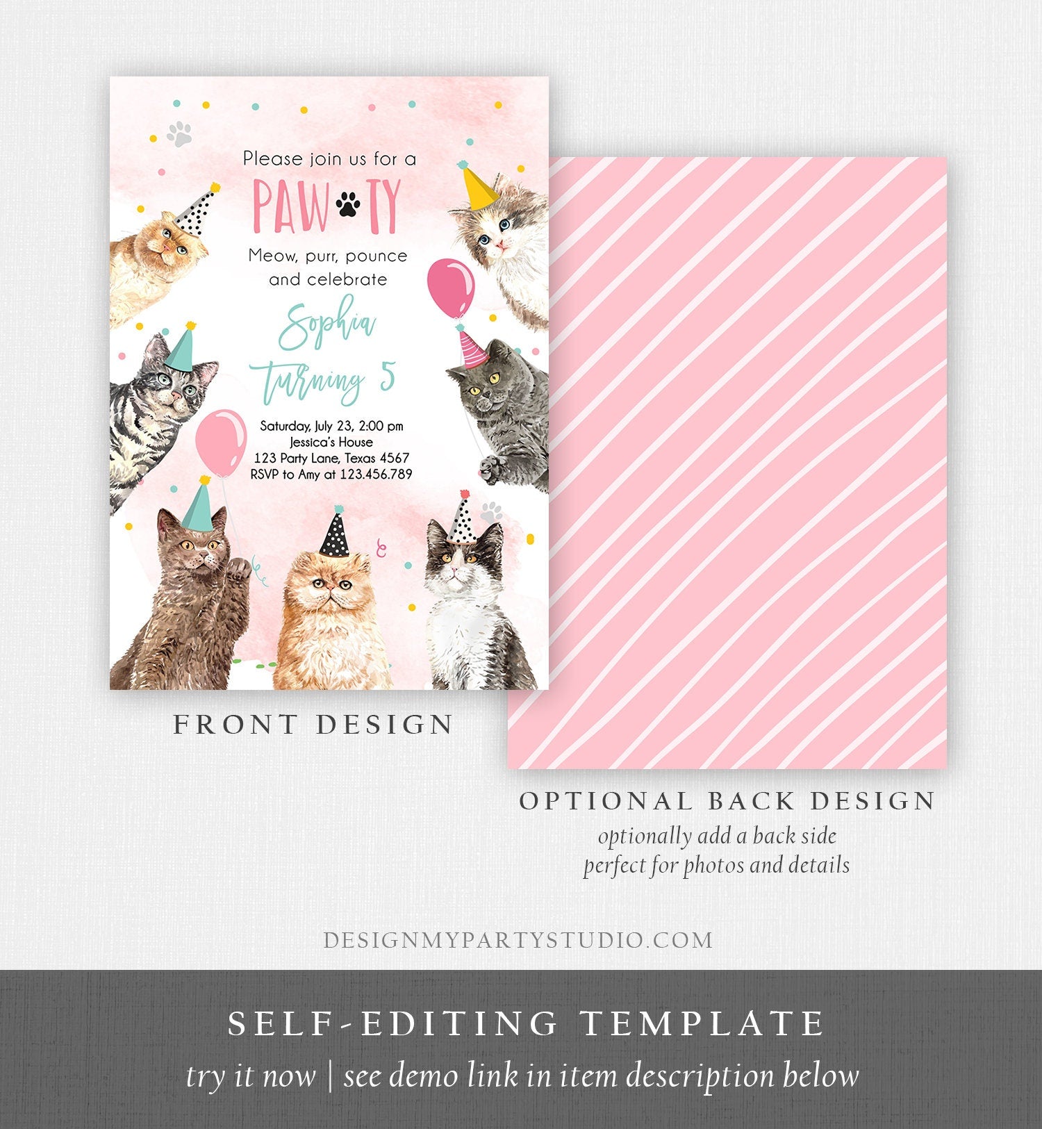 Editable Cat Birthday Party Invitation Kitten Birthday Invite Pink Girl Kitty Cat Invitation Pet Cute Download Printable Template Corjl 0384