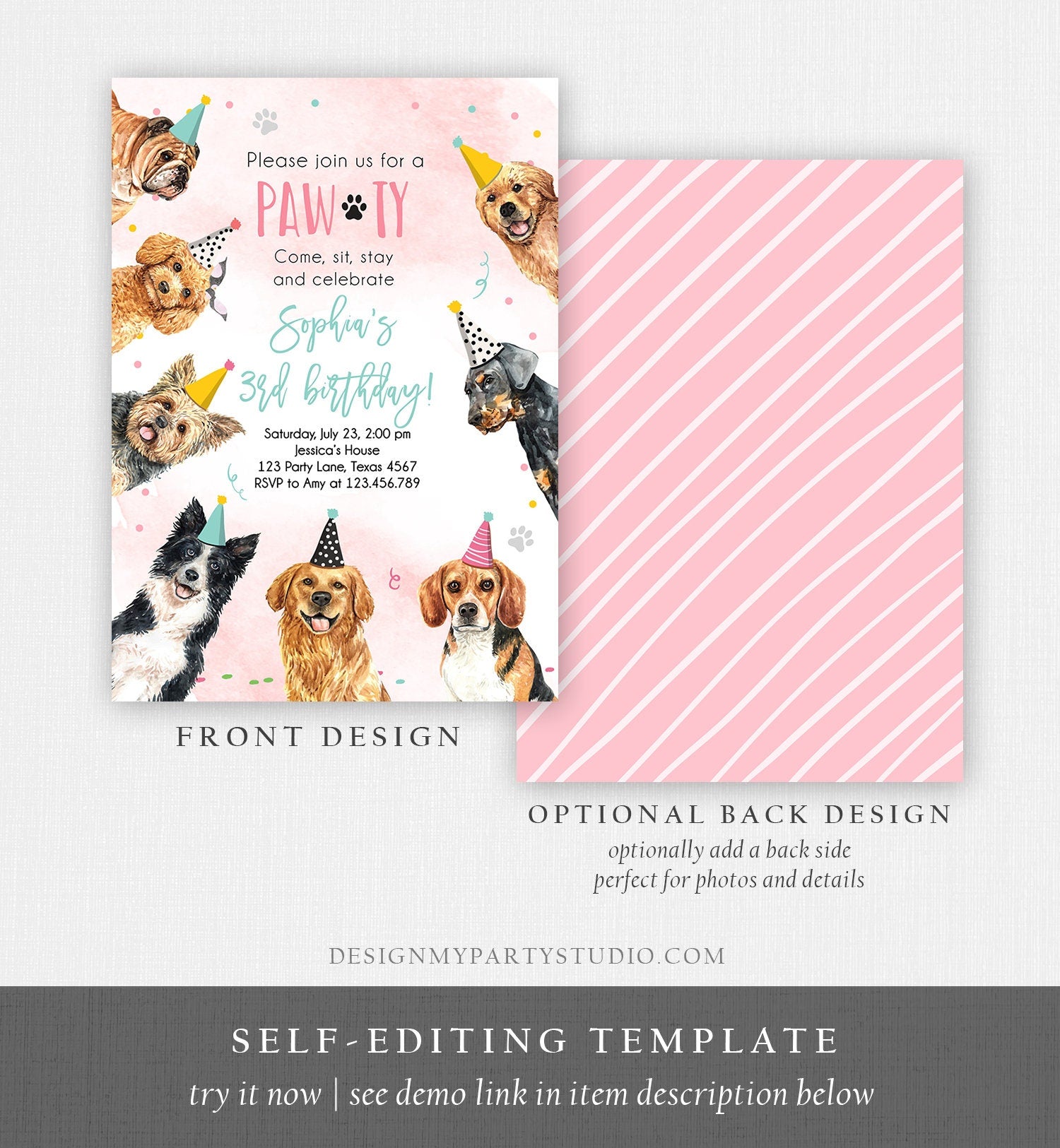 Editable Dog Birthday Party Invitation Puppy Birthday Invite Pink Girl Doggy Shelter Animal Pet Vet Download Printable Template Corjl 0384