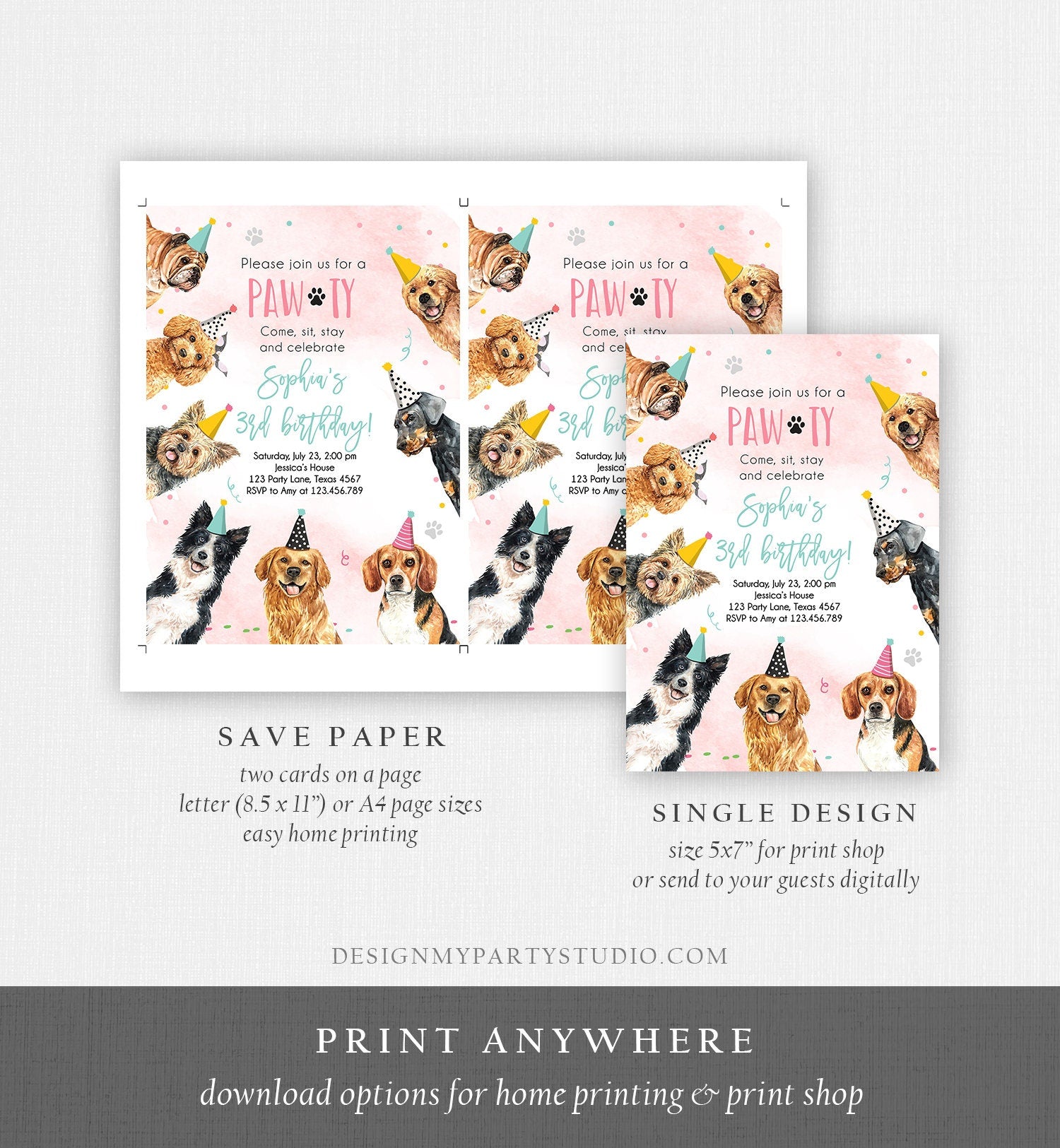 Editable Dog Birthday Party Invitation Puppy Birthday Invite Pink Girl Doggy Shelter Animal Pet Vet Download Printable Template Corjl 0384