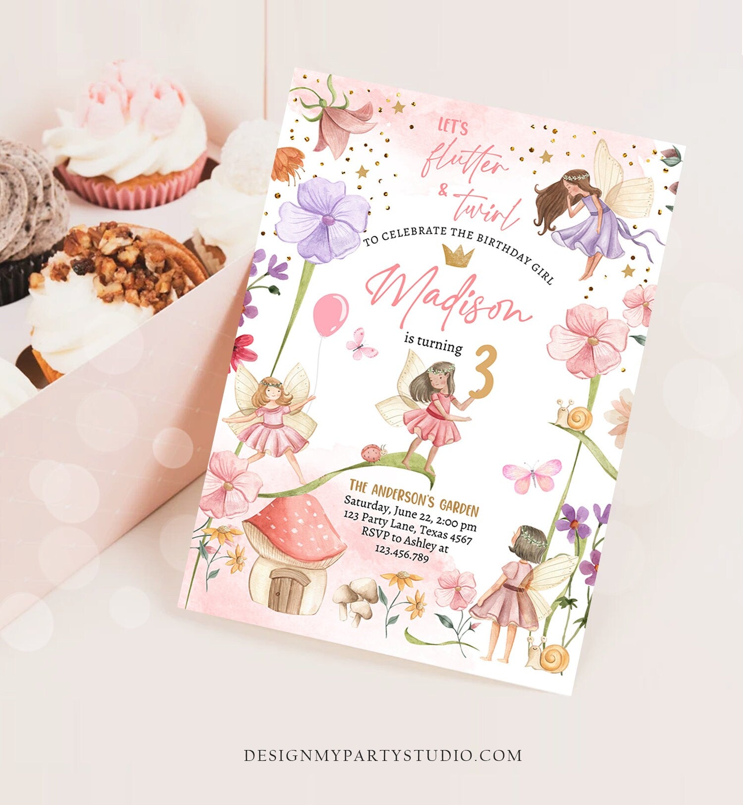 Editable Fairy Birthday Invitation Girl Pink Purple Floral Pixie Fairy Party Whimsical Garden Download Printable Template Corjl Digital 0406