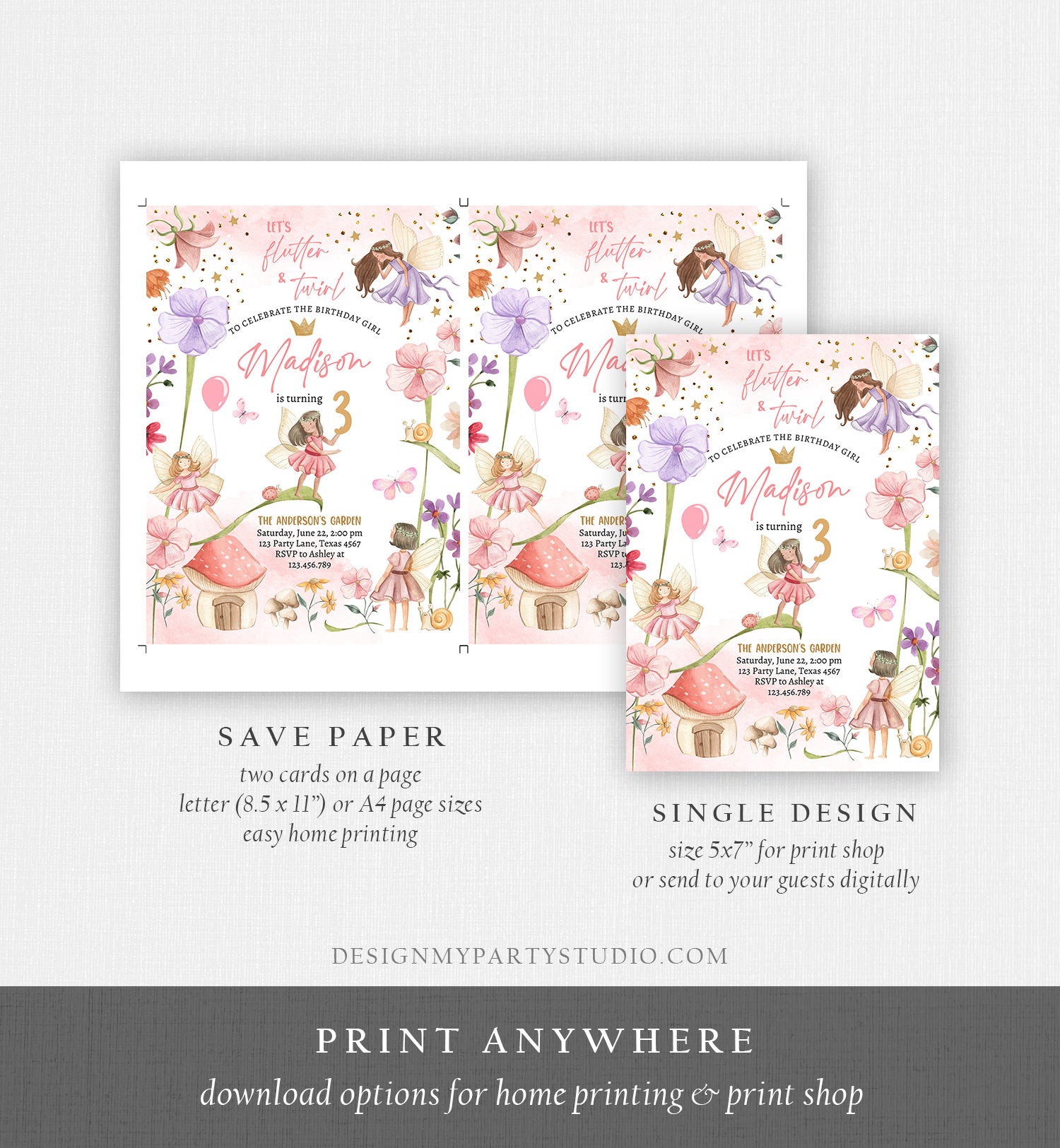 Editable Fairy Birthday Invitation Girl Pink Purple Floral Pixie Fairy Party Whimsical Garden Download Printable Template Corjl Digital 0406