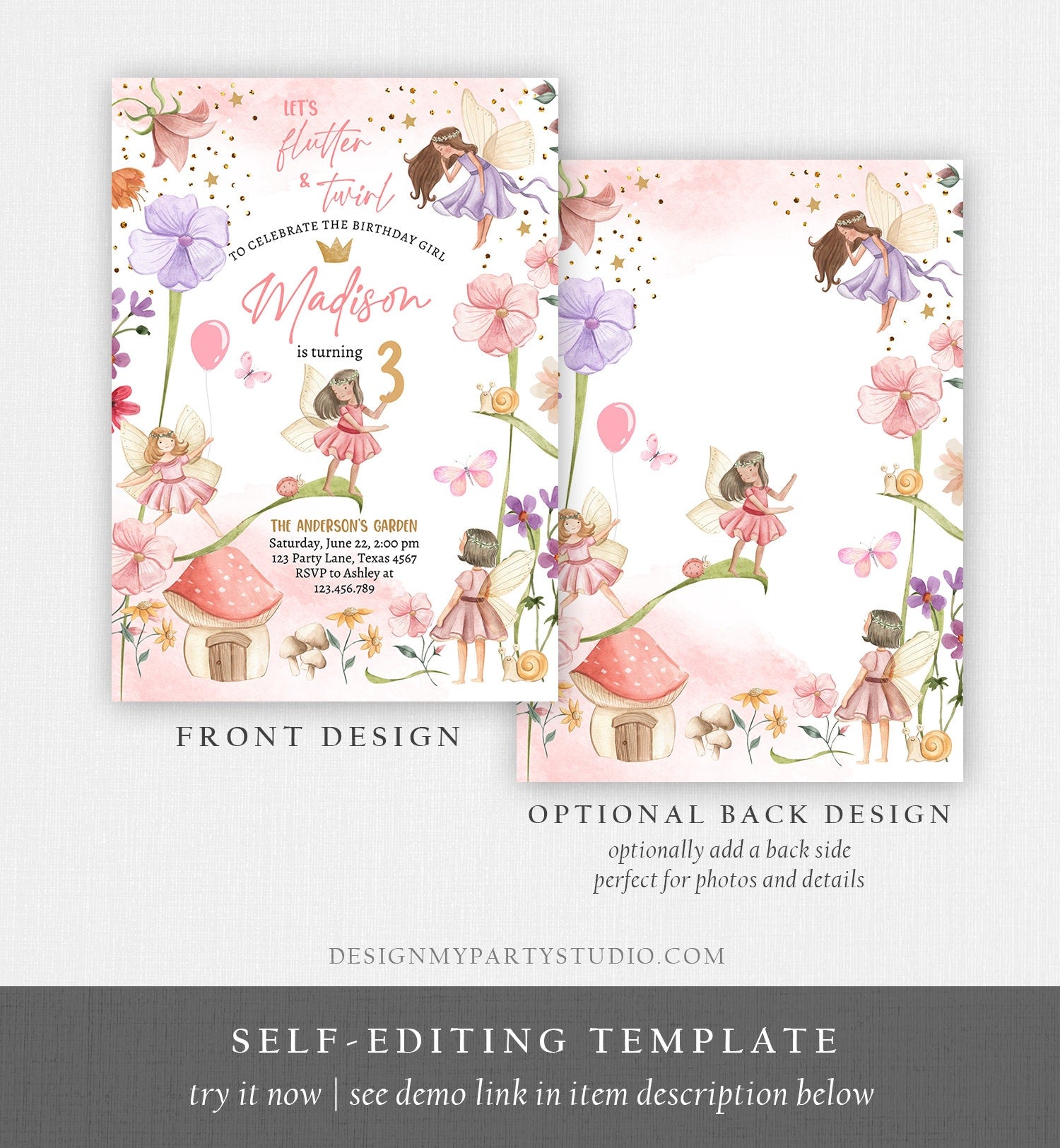 Editable Fairy Birthday Invitation Girl Pink Purple Floral Pixie Fairy Party Whimsical Garden Download Printable Template Corjl Digital 0406