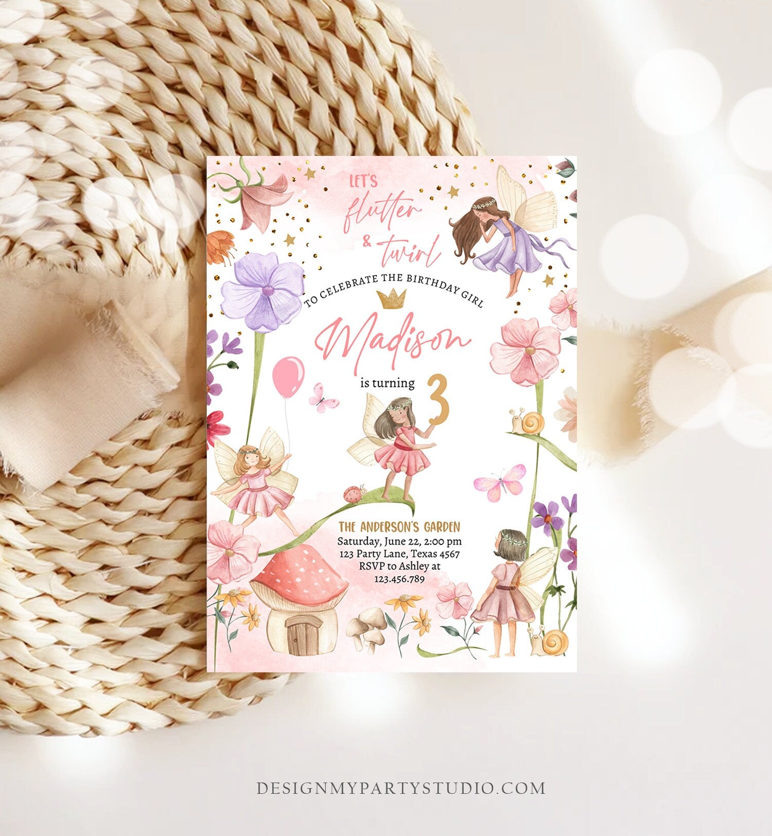 Editable Fairy Birthday Invitation Girl Pink Purple Floral Pixie Fairy Party Whimsical Garden Download Printable Template Corjl Digital 0406