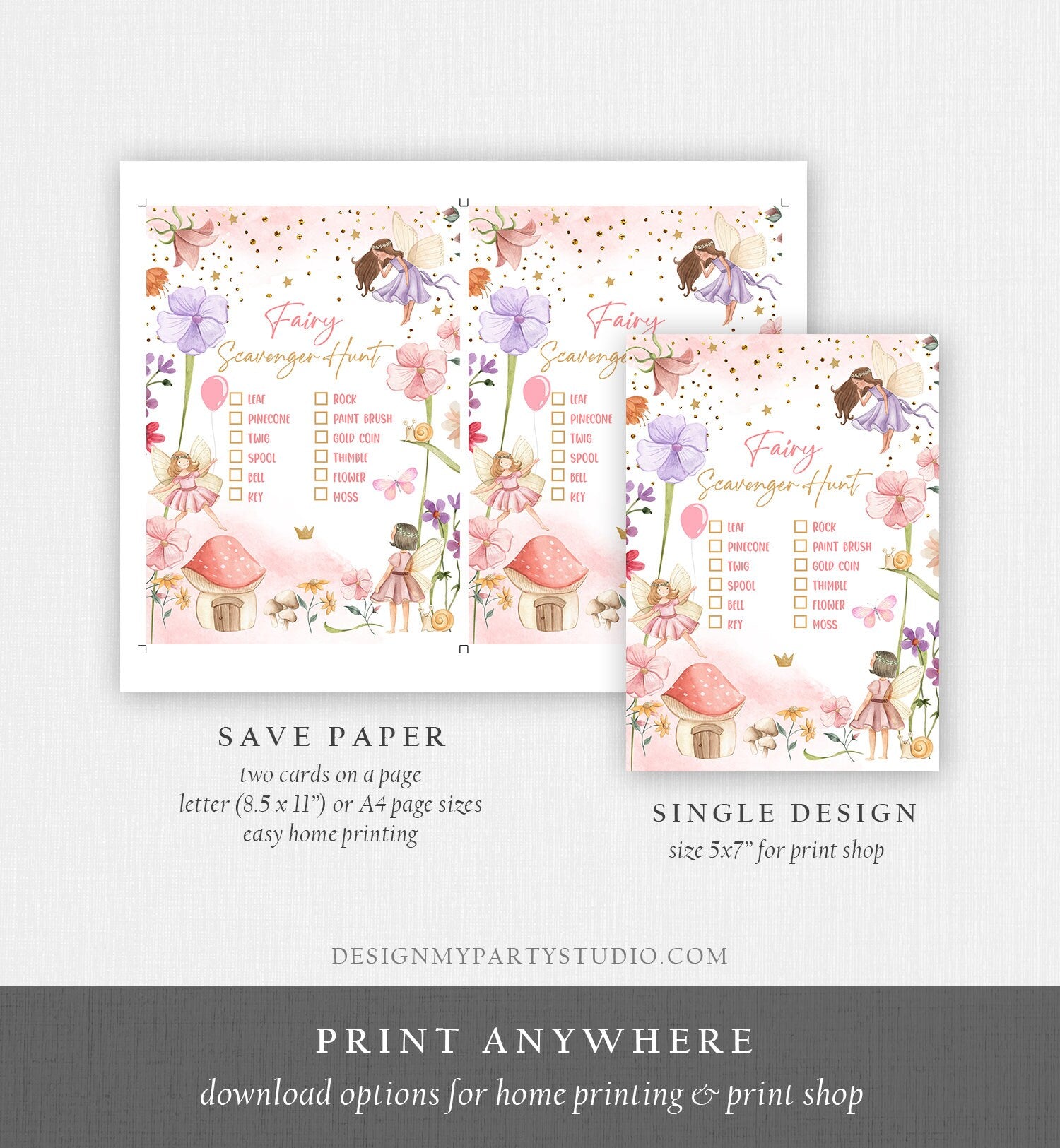 Editable Scavenger Hunt Checklist Game Party Fairy Birthday Activity Whimsical Enchanted Forest Tea Garden Girl Download Corjl Template 0406