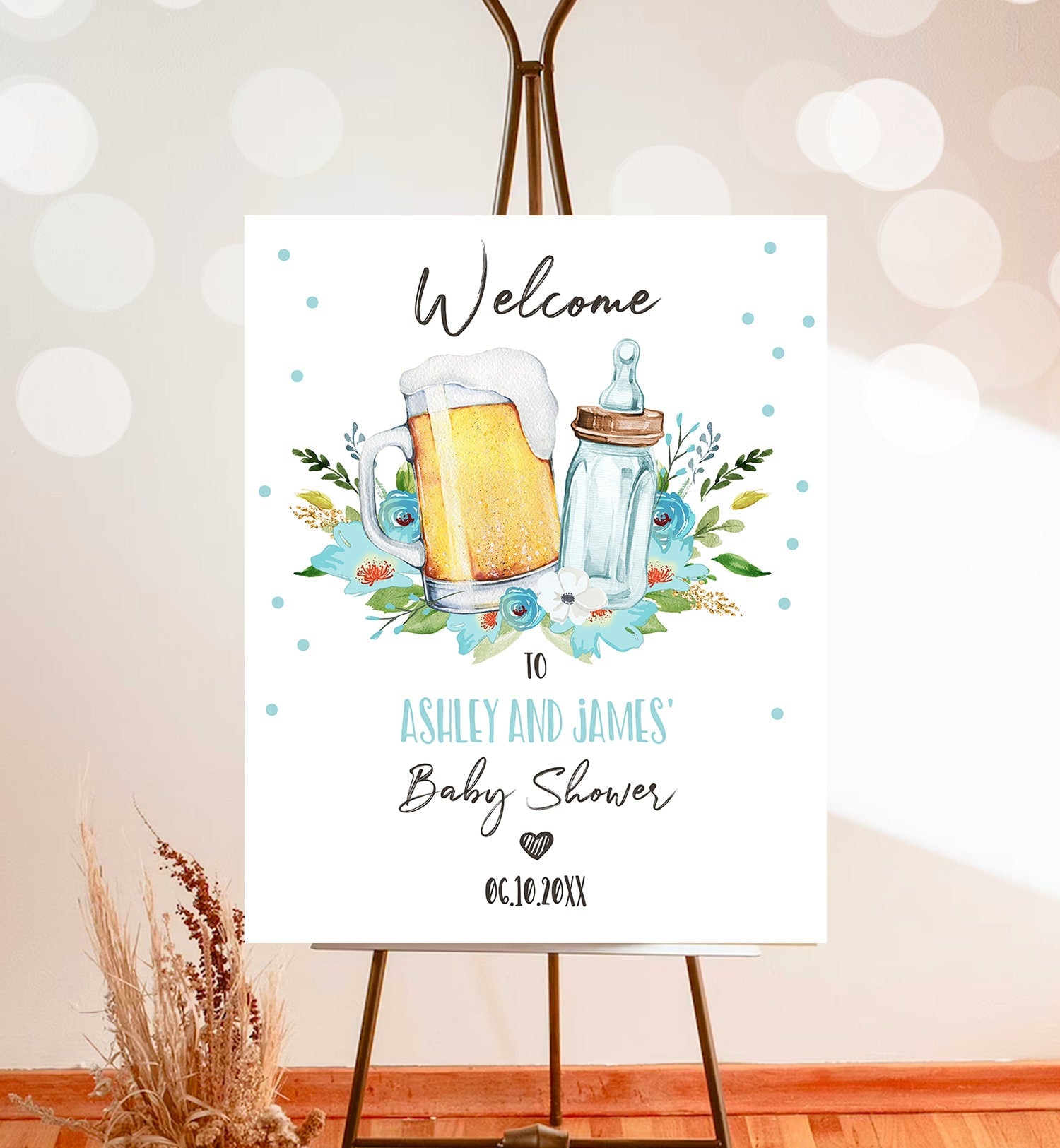 Editable A Baby is Brewing Welcome Sign Brewing Baby Shower Bottle and Beers Cheers Coed Couples Shower Gender Boy Blue Corjl Template 0190