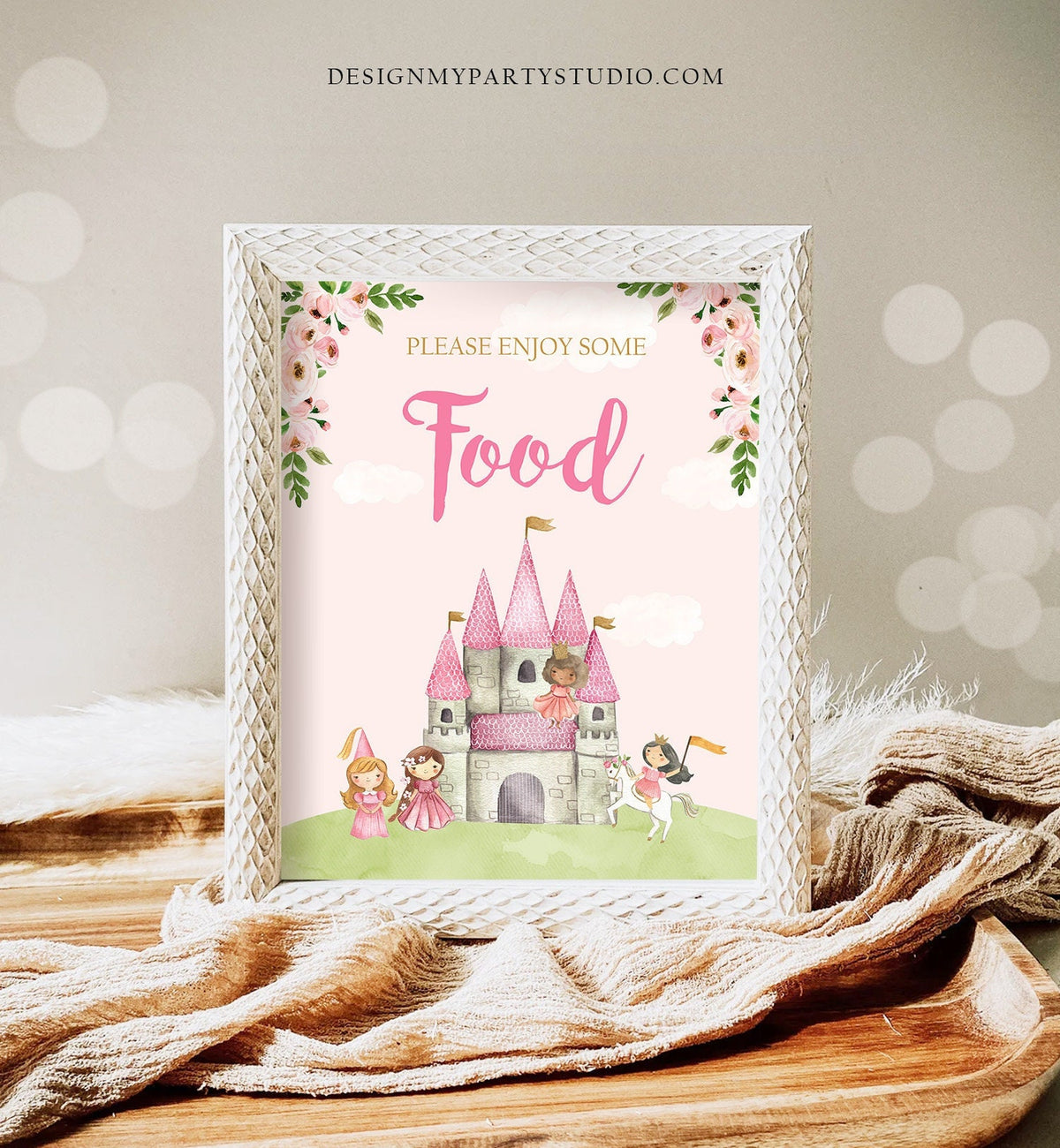 Food Party Sign Princess Birthday Sign Table Decor Princess Party Pink Gold Girl Castle Knight Snacks Upon a Time Download Printable 0171