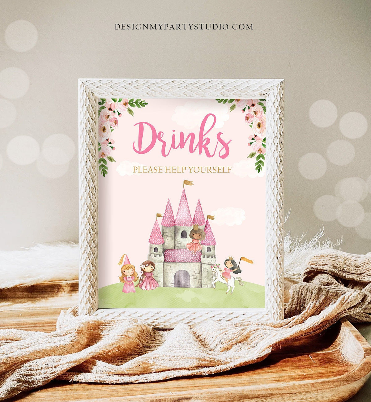 Drinks Sign Party Princess Birthday Sign Table Decor Princess Party Pink Girl Castle Knight Beverages Upon a Time Download Printable 0171