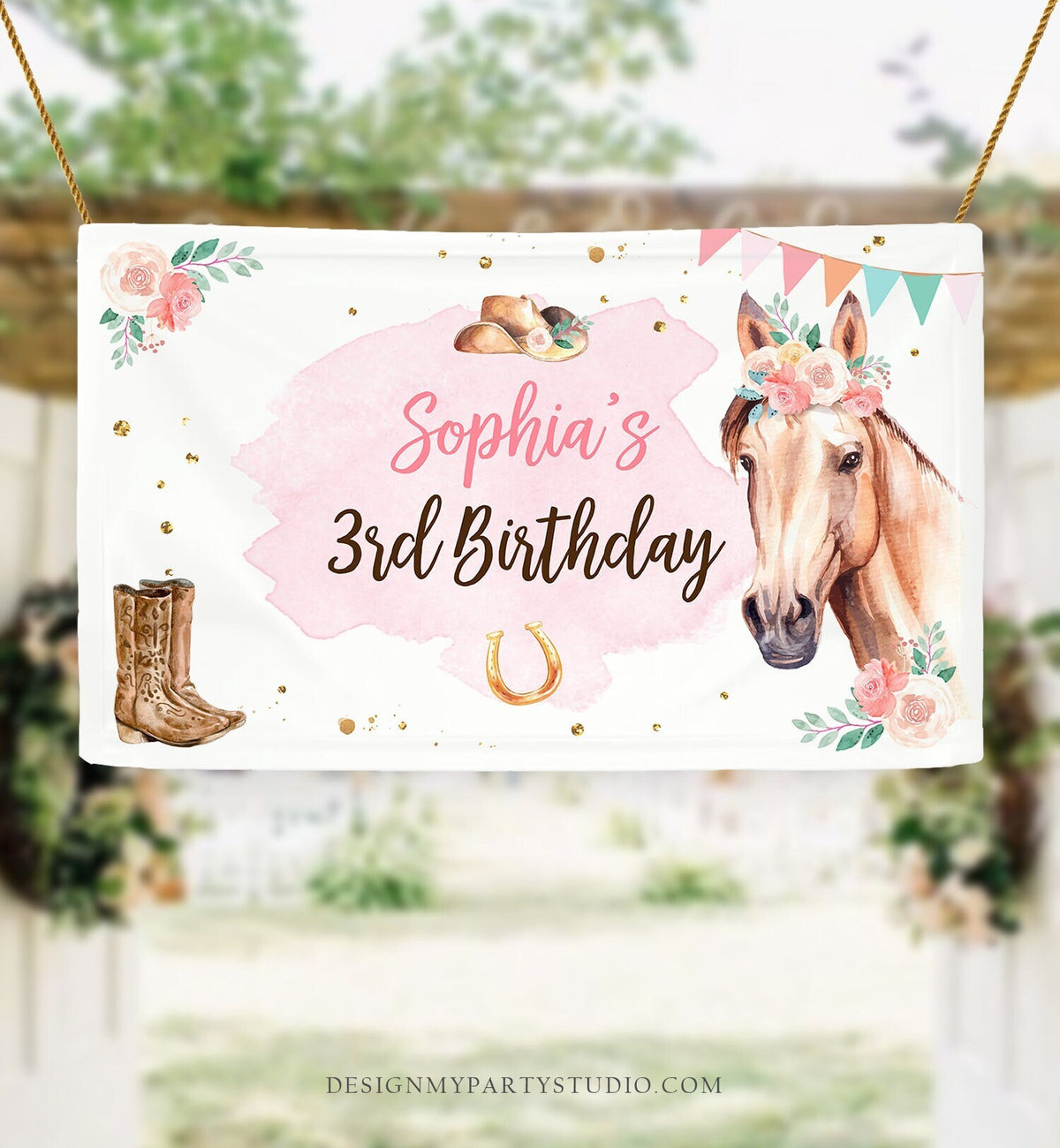 Editable Horse Birthday Backdrop Saddle Up Watercolor Cowgirl Party Girl Pony Birthday Decor Horse Party Sign Corjl Template Printable 0398