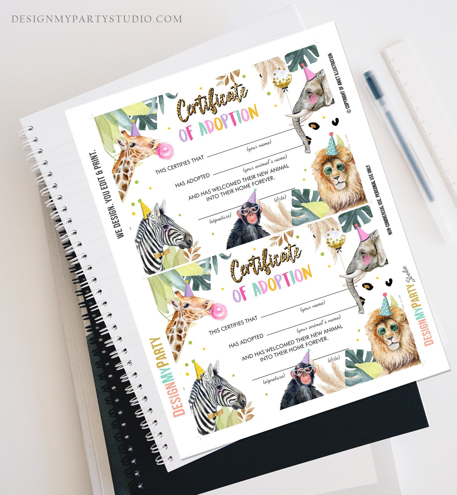 Adopt an Animal Adoption Certificate Safari Animals Adoption Wild One Birthday Party Animals Birthday Girl Download Digital PRINTABLE 0417