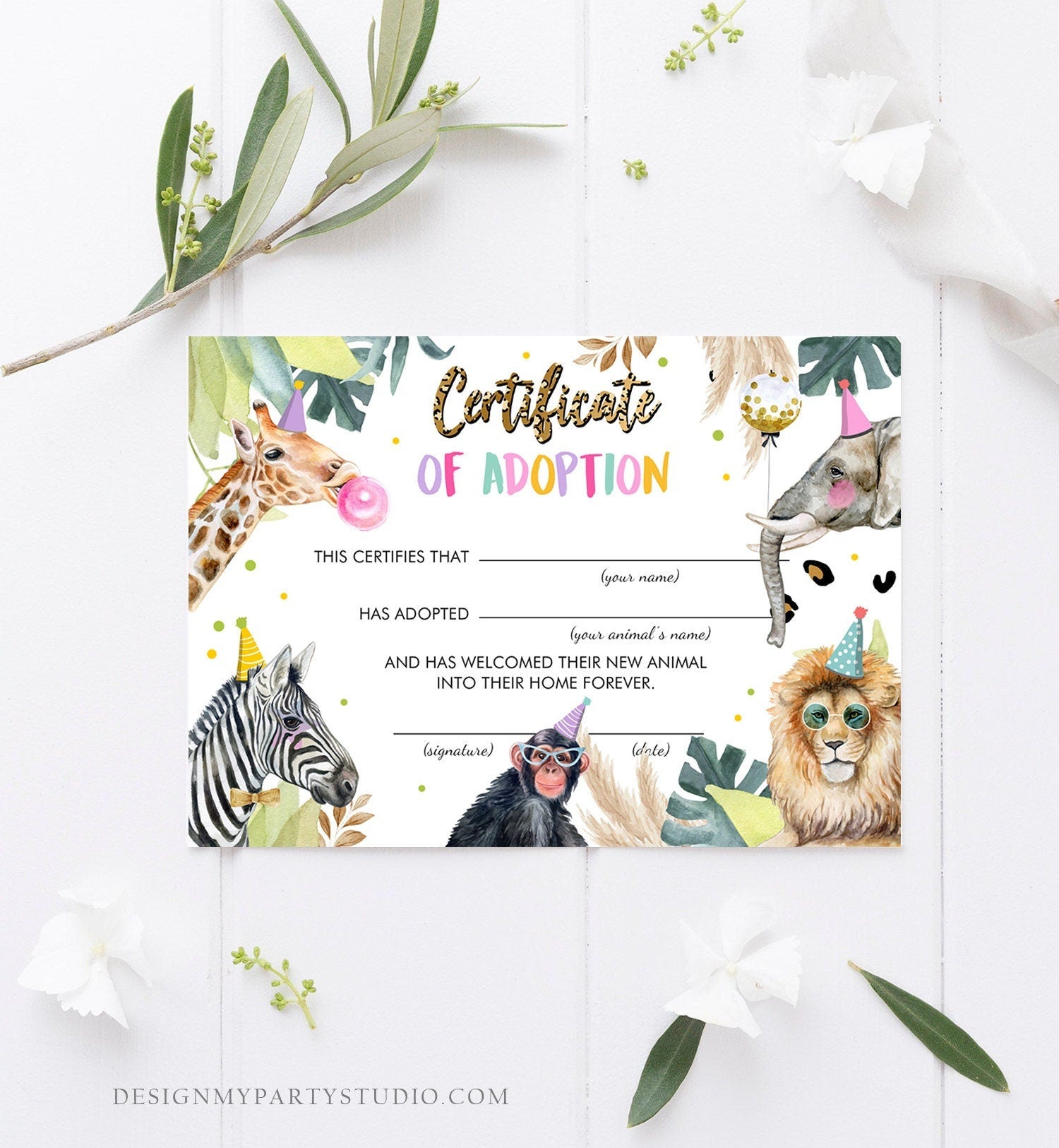 Adopt an Animal Adoption Certificate Safari Animals Adoption Wild One Birthday Party Animals Birthday Girl Download Digital PRINTABLE 0417