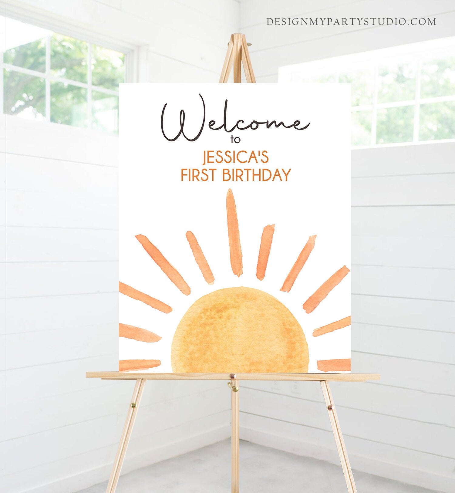 Editable Sunshine Welcome Sign First Trip Around the Sun Birthday Party Boho Gender Neutral Sun Baby Shower Template PRINTABLE Digital 0431