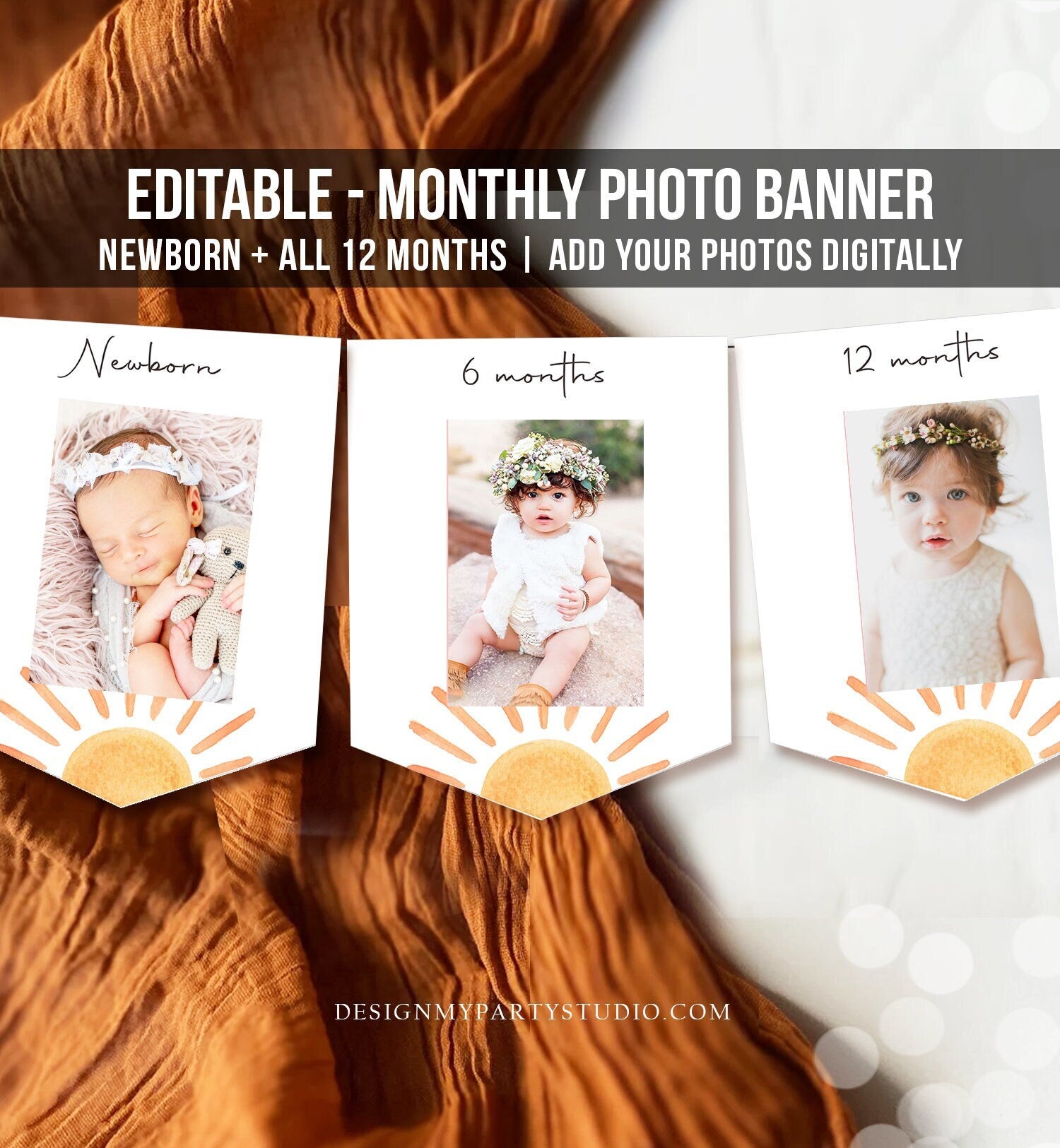 Editable Sun Monthly Photo Banner First Birthday Banner Sunshine 1st First Trip Around The Sun Neutral Decor Corjl Template Printable 0431