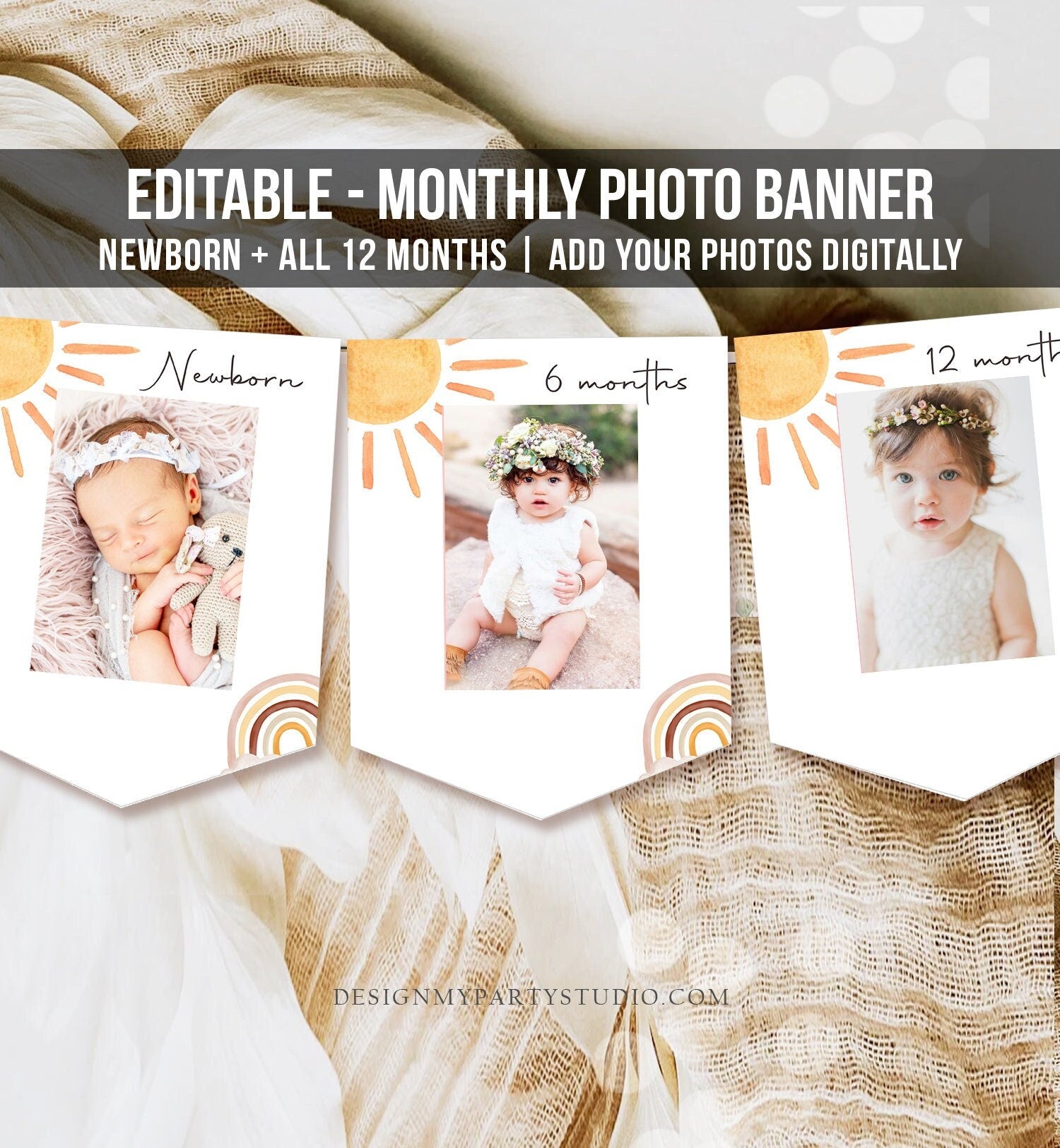 Editable Sun Monthly Photo Banner First Birthday Sunshine Rainbow 1st First Trip Around The Sun Neutral Decor Corjl Template Printable 0431