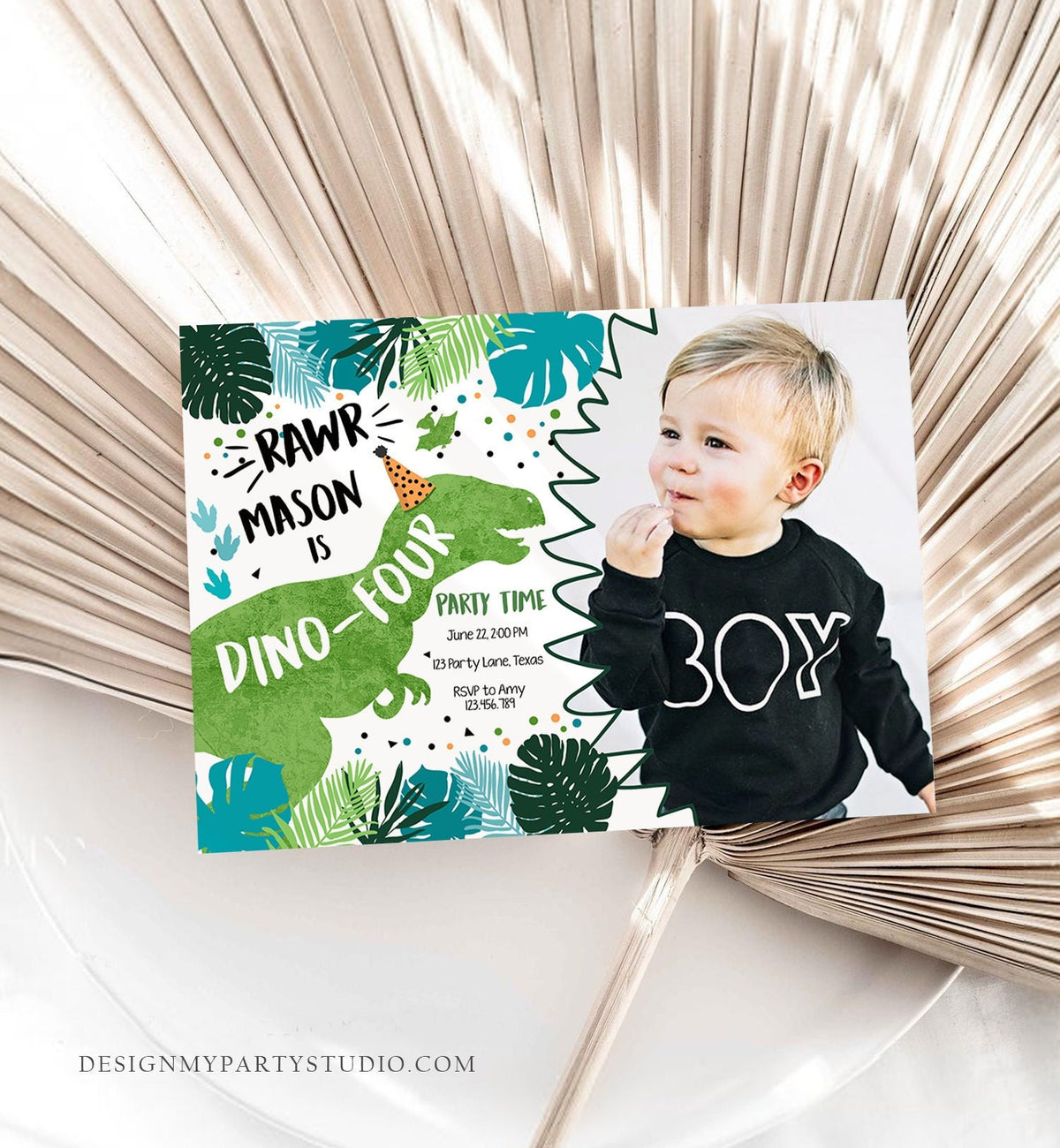 Editable Dino-Four Dinosaur Birthday Invitation Dino T-Rex 4th Birthday Fourth Rawr Boy Green Blue Prehistoric Printable Corjl Template 0389