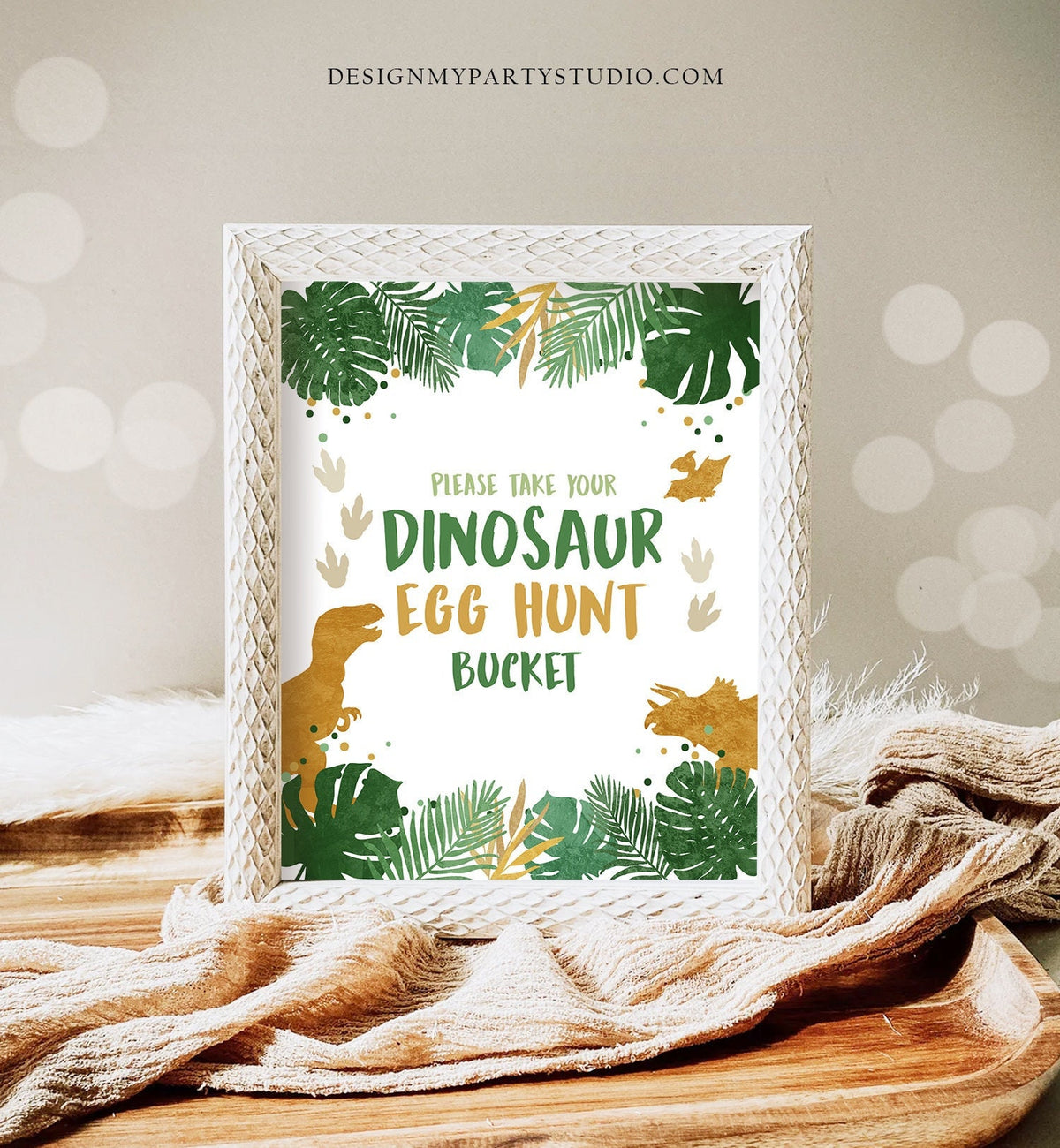 Dinosaur Egg Hunt Sign Table Decor Dino Egg Sign Prehistoric Party Boy Green Gold Favor Table Jungle Dino Party Sign T-Rex Printable 0146