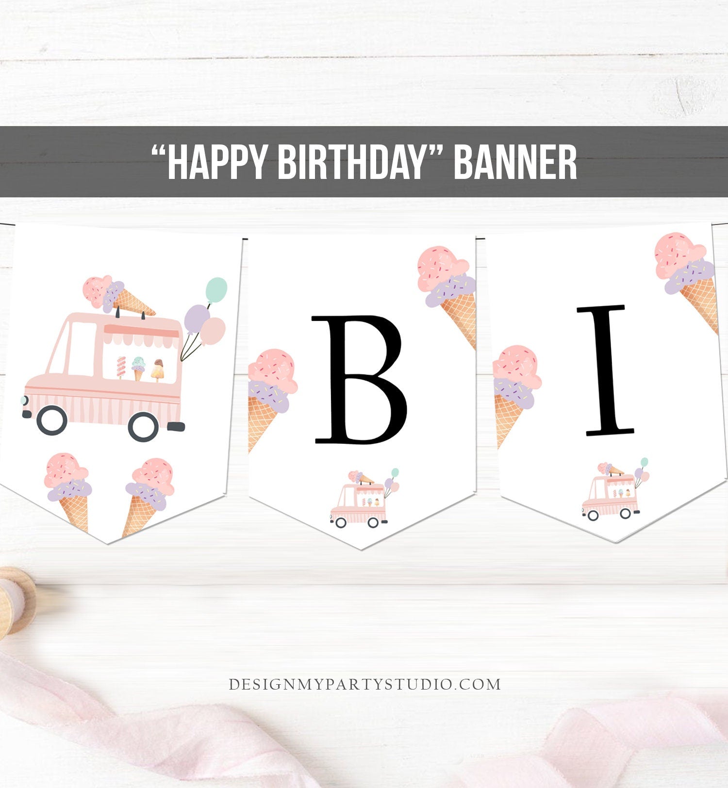 Happy Birthday Banner Pink Ice Cream Truck Birthday Banner Ice Cream Party Girl Birthday Decorations Download PRINTABLE DIGITAL DIY 0415