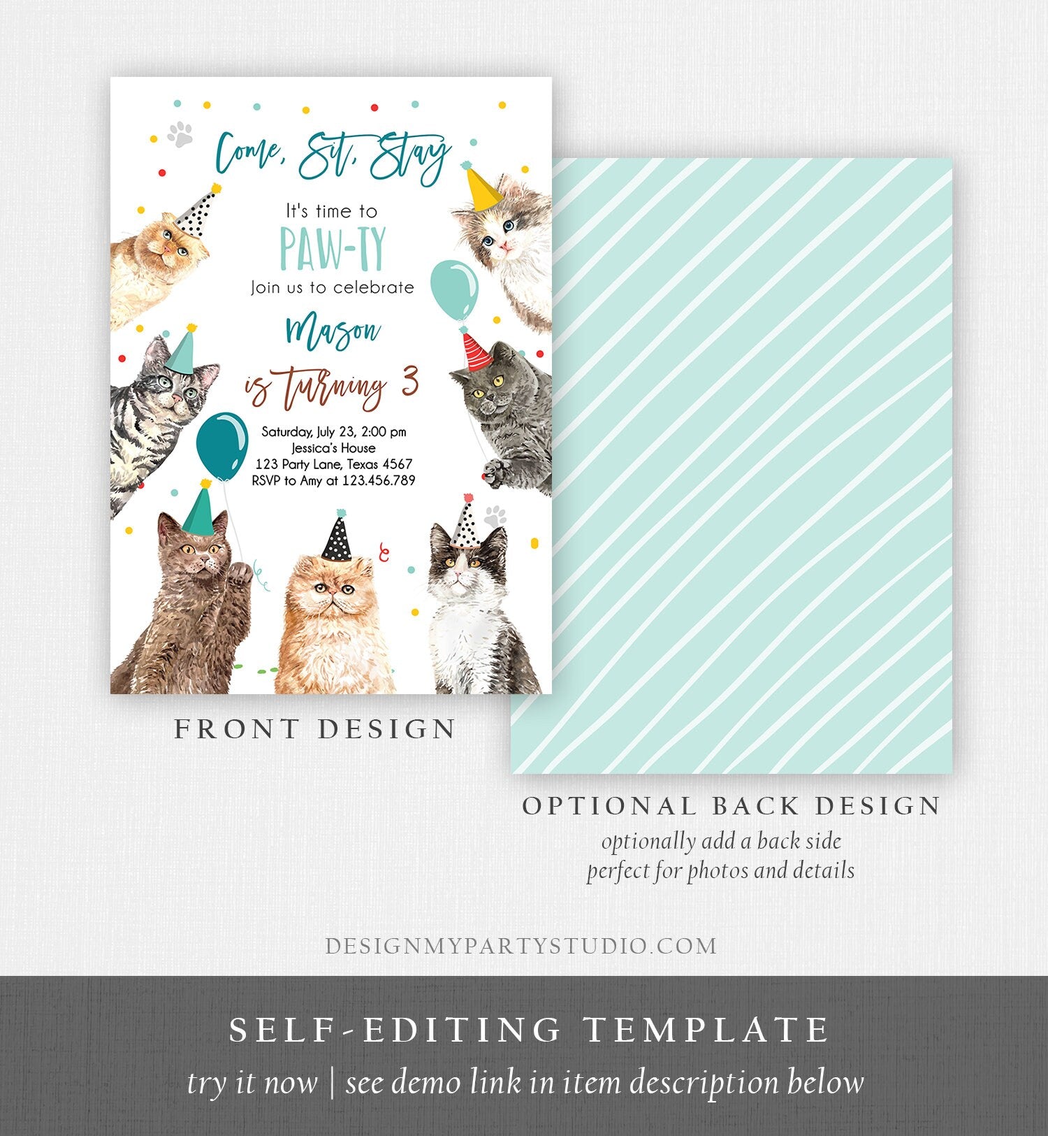 Editable Cat Birthday Party Invitation Kitten Birthday Invite Blue Boy Kitty Cat Invitation Pet Cute Download Printable Template Corjl 0384