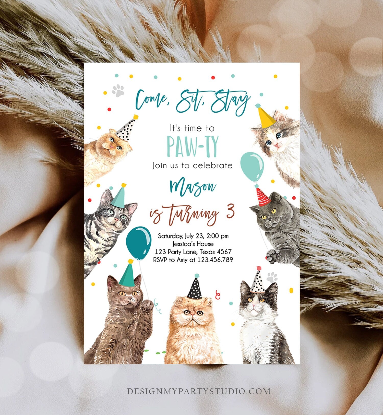 Editable Cat Birthday Party Invitation Kitten Birthday Invite Blue Boy Kitty Cat Invitation Pet Cute Download Printable Template Corjl 0384