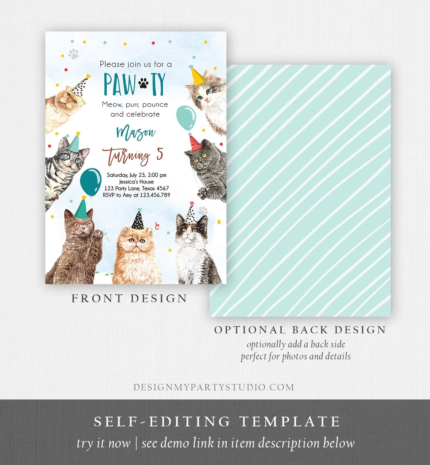 Editable Cat Birthday Party Invitation Kitten Birthday Invite Blue Boy Kitty Cat Invitation Pet Cute Download Printable Template Corjl 0384