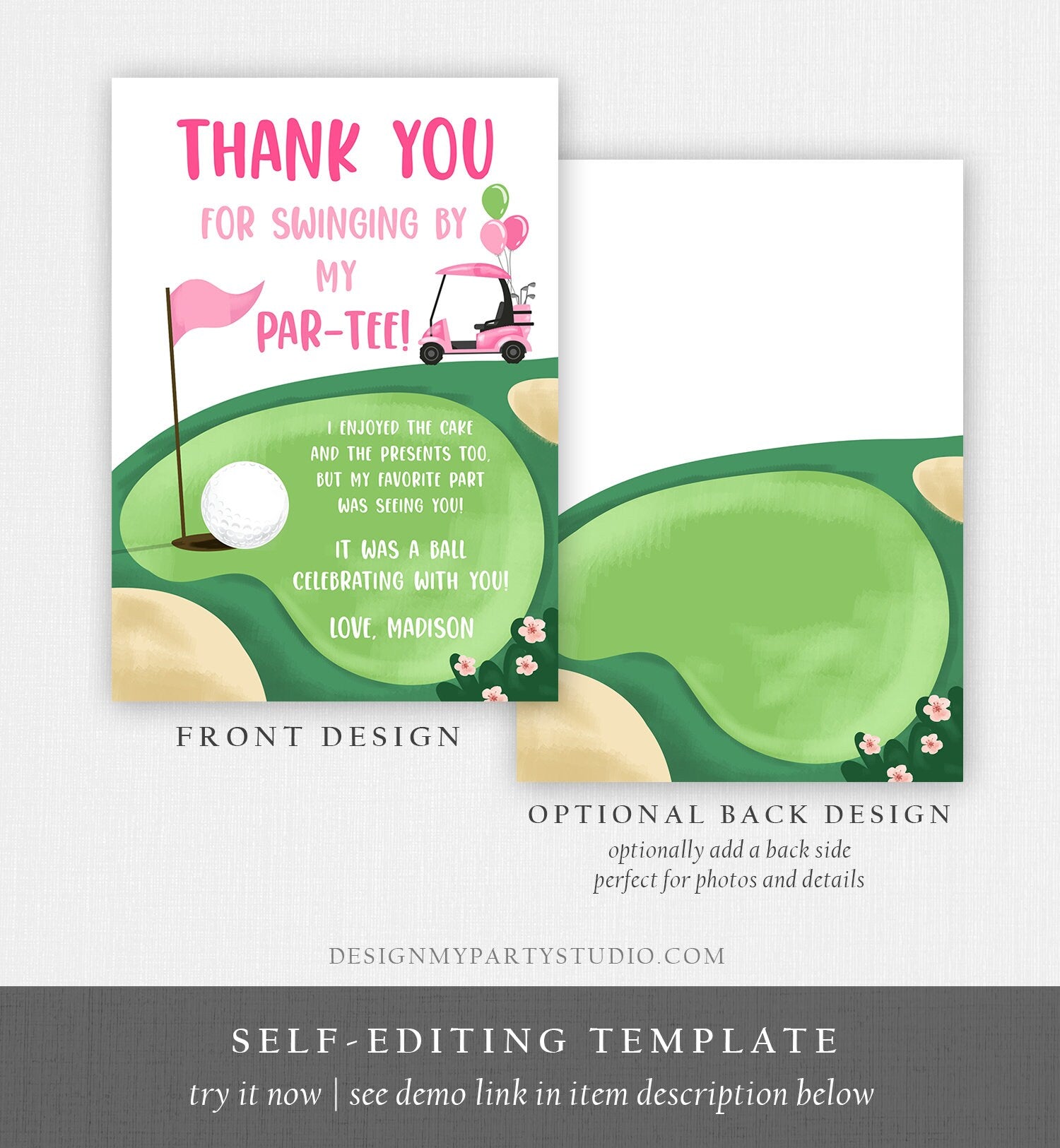 Editable Golf Thank You Card Golfing Birthday Par-tee Swinging By Hole in One Golf Court Girl Pink Cart Digital Template Printable 0405