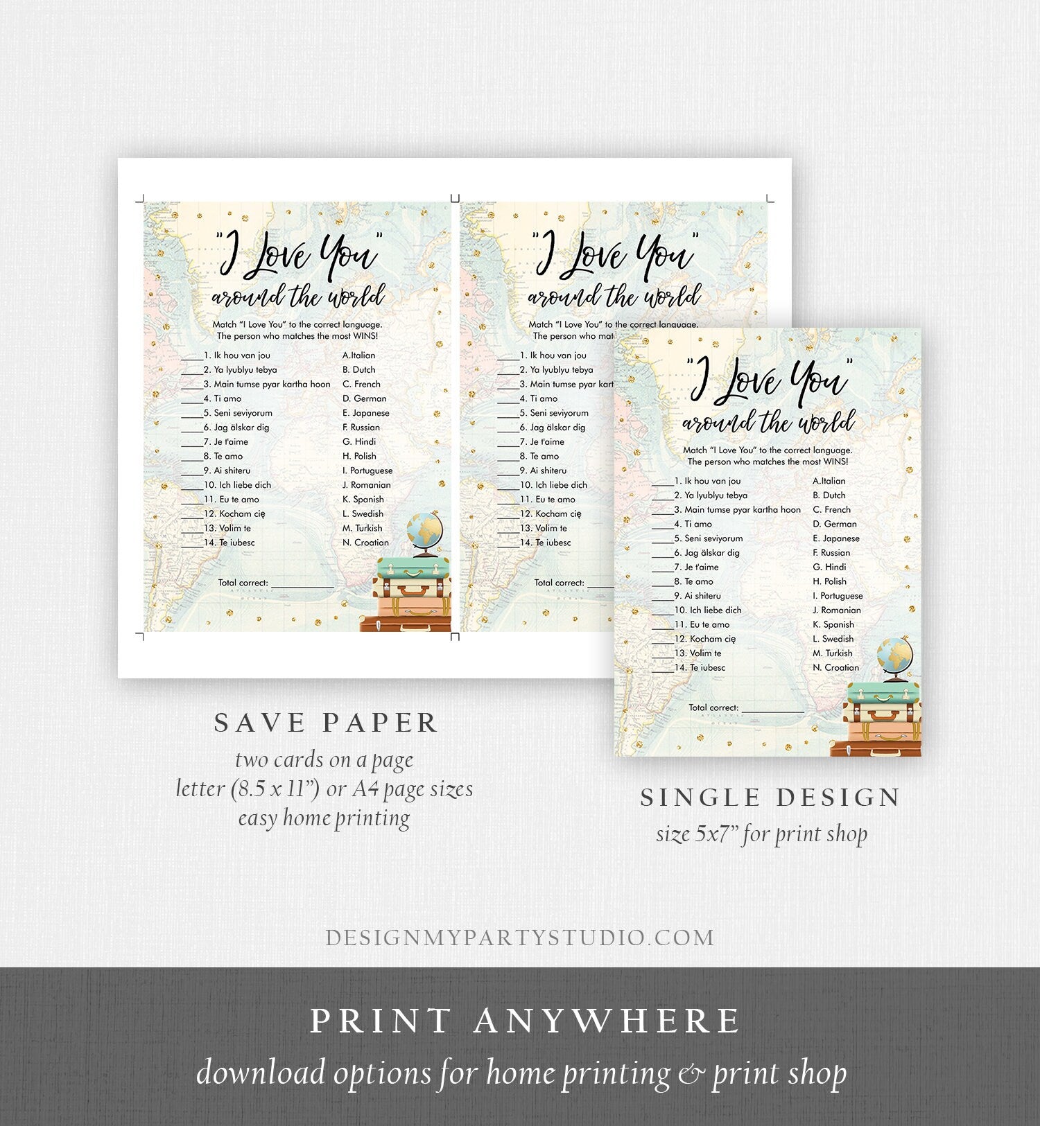 Editable Travel Bridal Shower Game I Love You Around the World Travel Adventure Wedding Activity Bachelorette Corjl Template Printable 0263