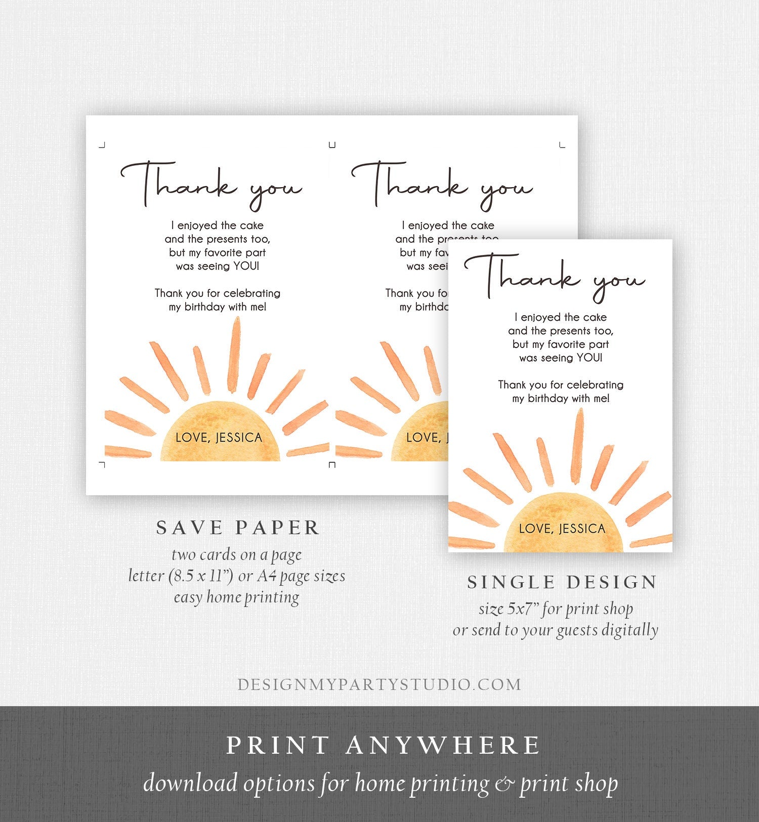 Editable Sun Thank You Card Sun Birthday Party Thank You Note Sunshine 1st Trip Around the Sun First Printable Template Corjl Digital 0431