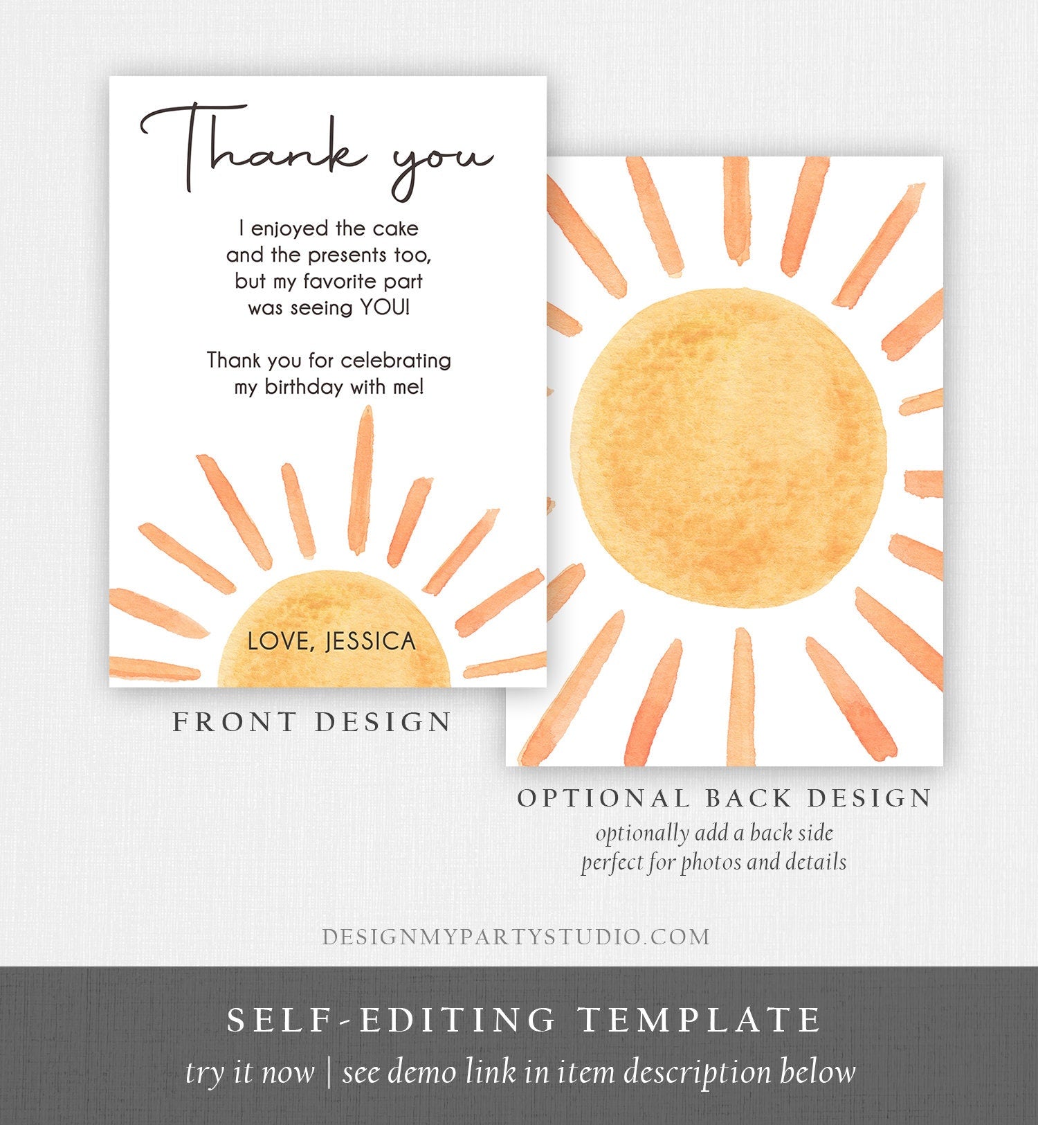 Editable Sun Thank You Card Sun Birthday Party Thank You Note Sunshine 1st Trip Around the Sun First Printable Template Corjl Digital 0431