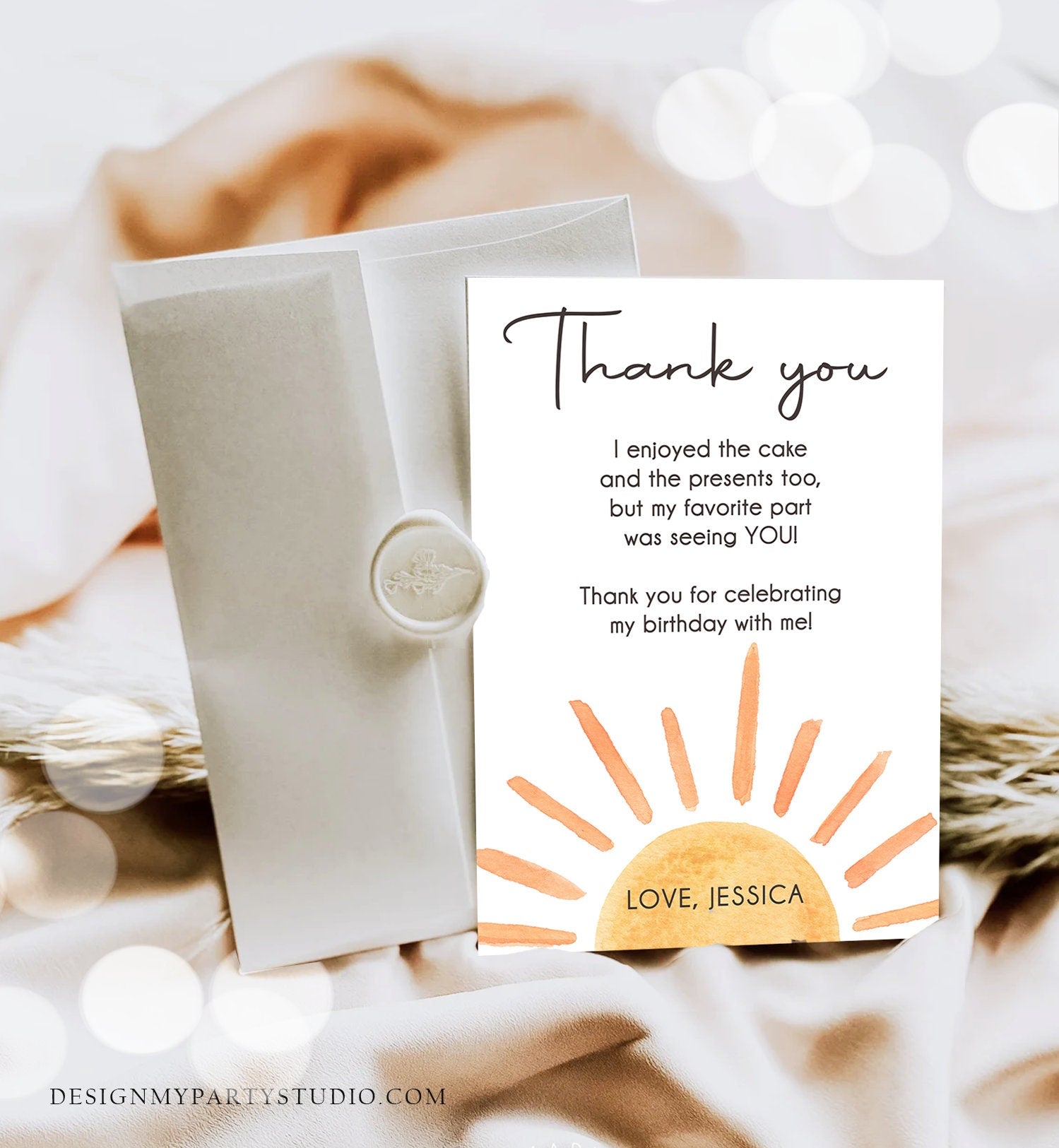 Editable Sun Thank You Card Sun Birthday Party Thank You Note Sunshine 1st Trip Around the Sun First Printable Template Corjl Digital 0431