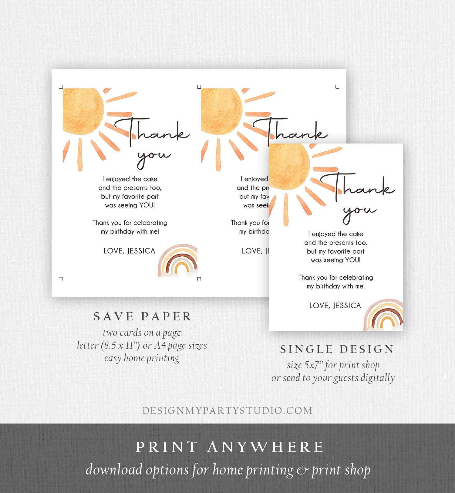 Editable Sun Thank You Card Sun Birthday Party Thank You Note Sunshine 1st Trip Around the Sun Digital Download Template Printable 0431