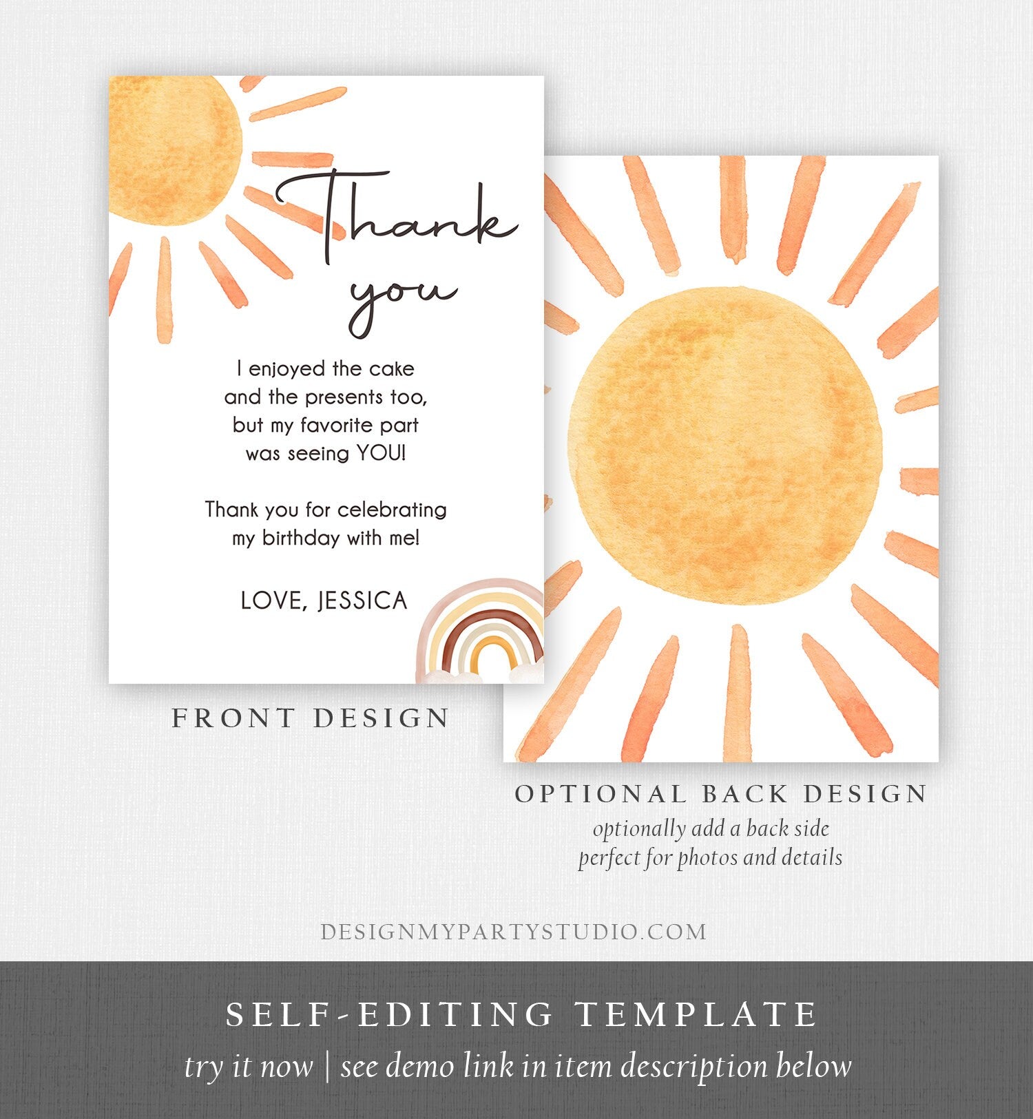 Editable Sun Thank You Card Sun Birthday Party Thank You Note Sunshine 1st Trip Around the Sun Digital Download Template Printable 0431