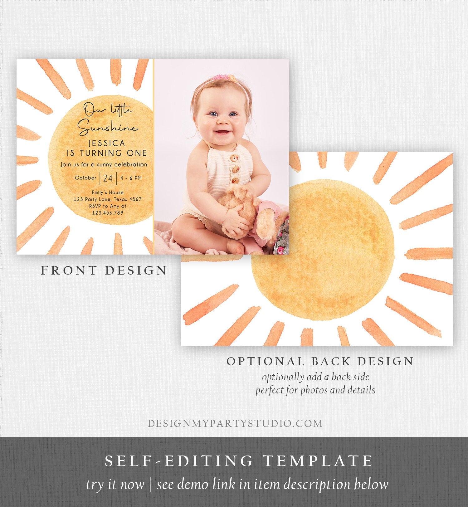 Editable Our Little Sunshine Birthday Invitation 1st Summer Sunshine Party Neutral Boho Download Printable Template Digital Corjl 0431