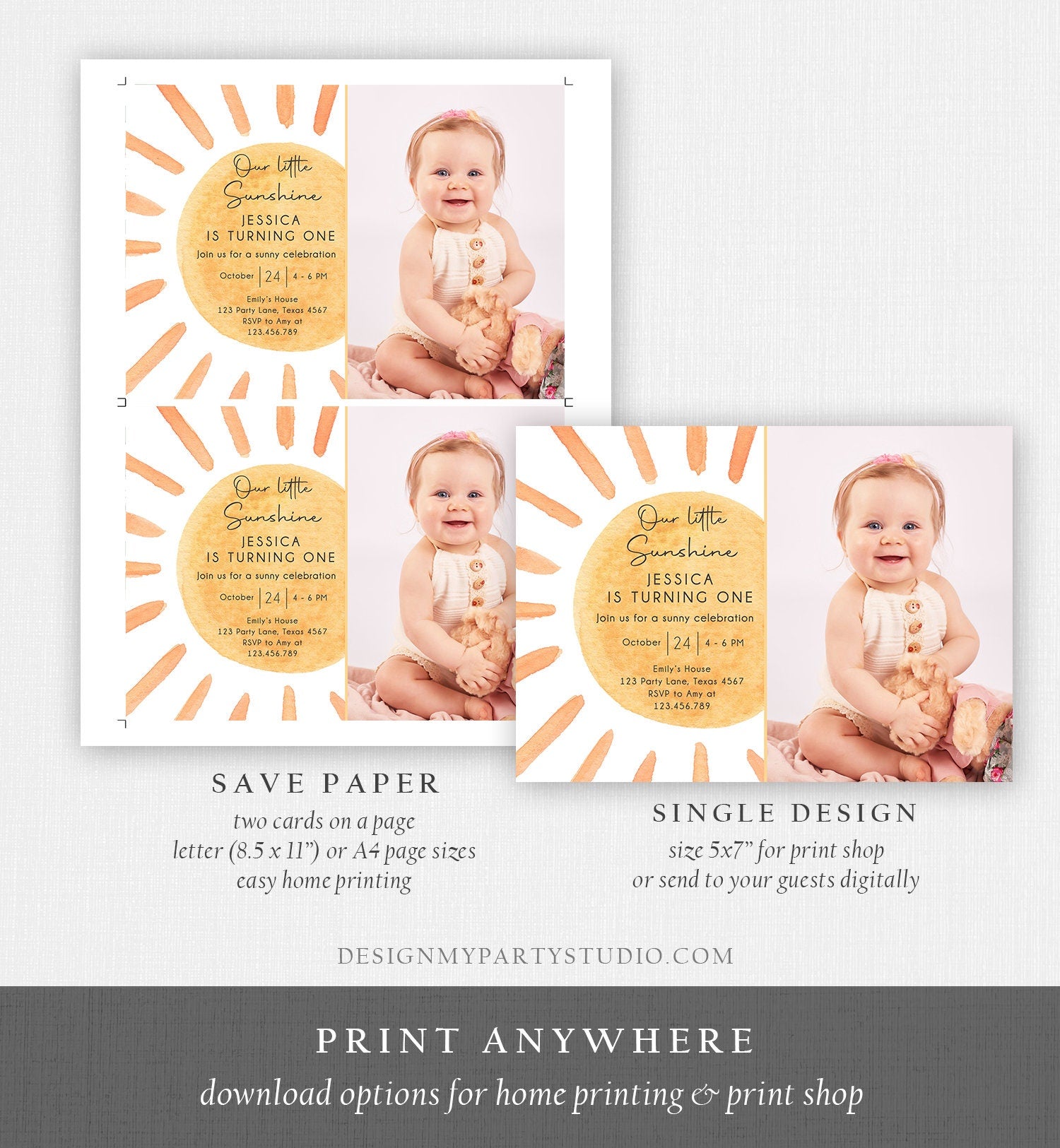 Editable Our Little Sunshine Birthday Invitation 1st Summer Sunshine Party Neutral Boho Download Printable Template Digital Corjl 0431