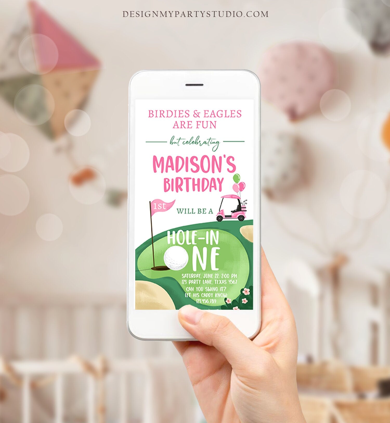 Editable Hole in One Birthday Evite Golf First Birthday Par-tee Golf Invite Girl Golf Download Electronic Phone Template Digital Corjl 0405