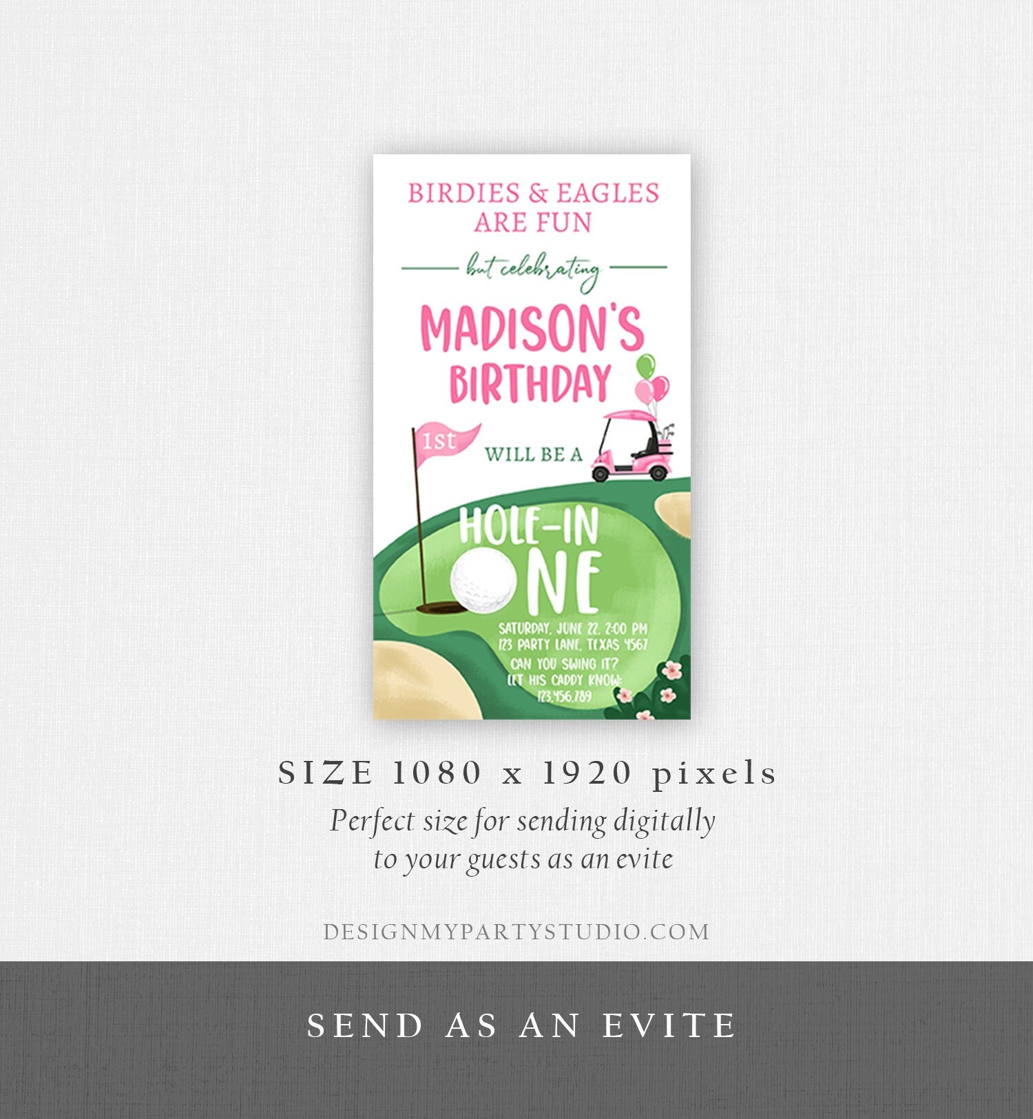 Editable Hole in One Birthday Evite Golf First Birthday Par-tee Golf Invite Girl Golf Download Electronic Phone Template Digital Corjl 0405