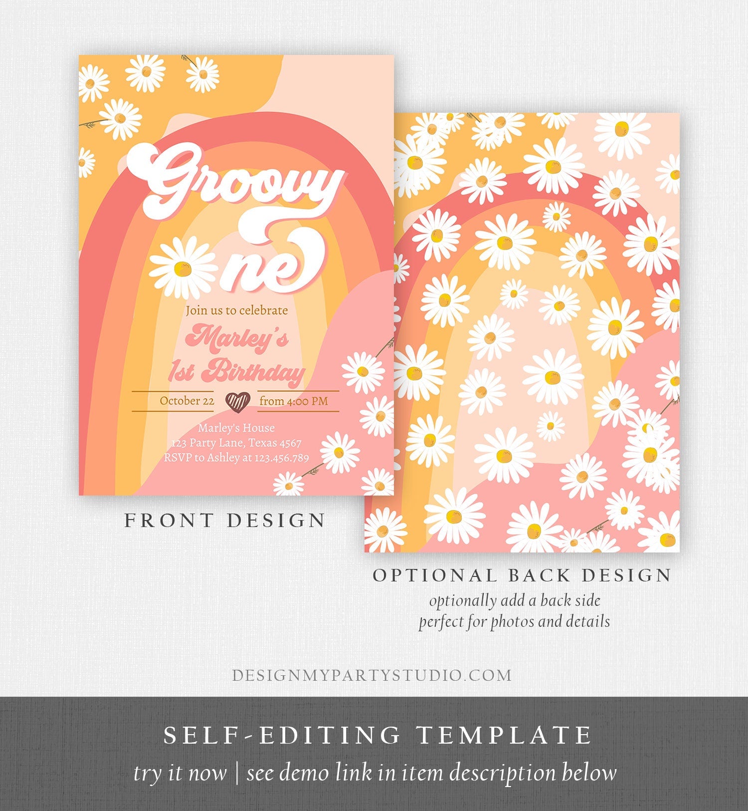 Editable Groovy One Retro 1st Birthday Invitation First Birthday Retro Floral 70s Flower Power Festival Download Template Corjl Digital 0428