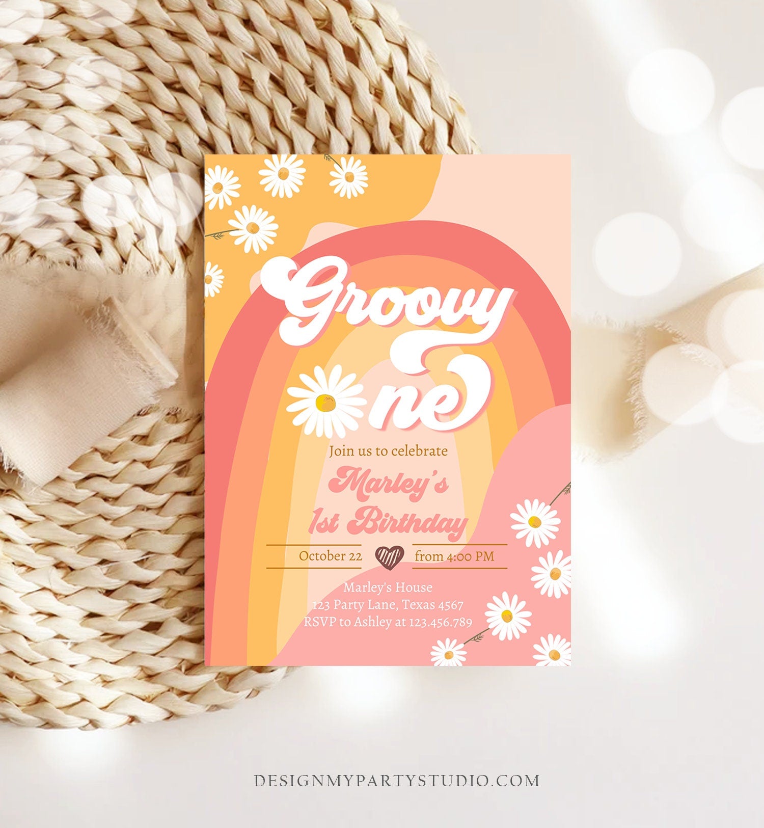 Editable Groovy One Retro 1st Birthday Invitation First Birthday Retro Floral 70s Flower Power Festival Download Template Corjl Digital 0428