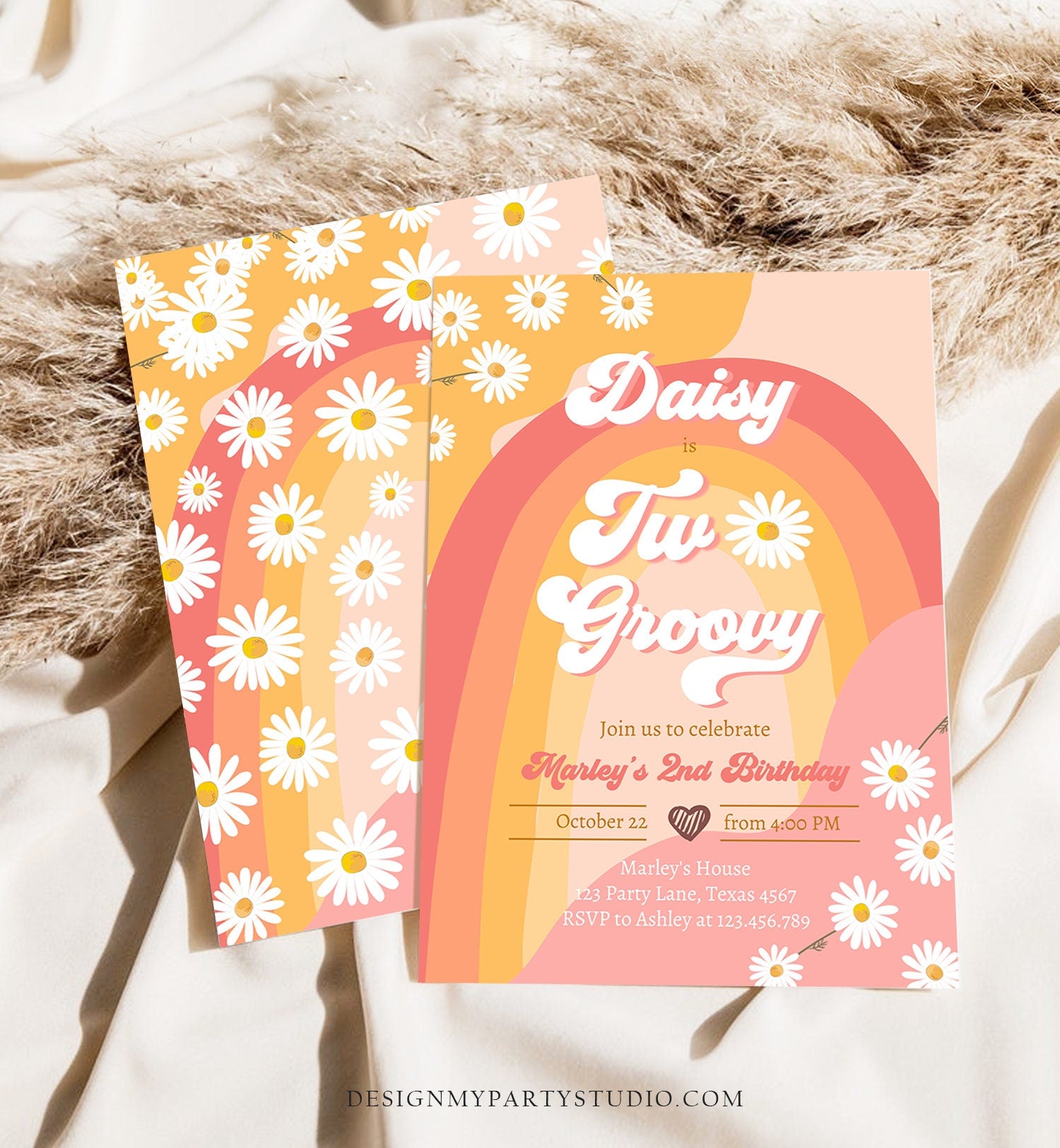 Editable Two Groovy Birthday Party Invitation 2nd Birthday Boho Retro Flower Power 70's Daisy Download Printable Template Corjl Digital 0428