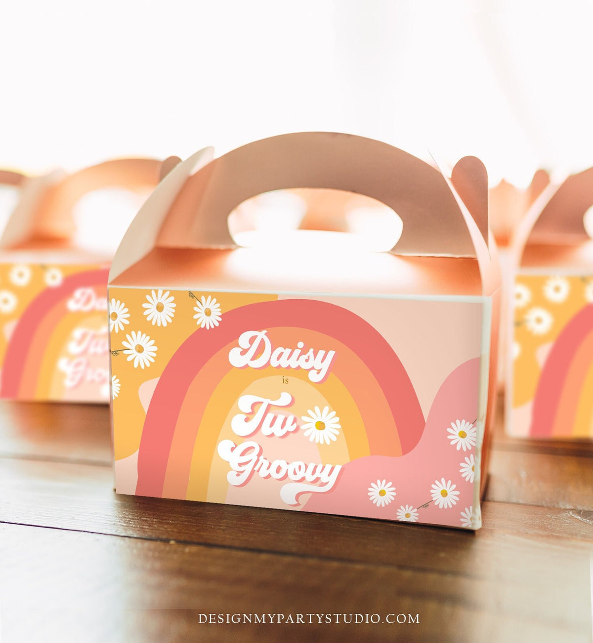 Editable Groovy Birthday Party Gable Box Favor Label Hippie 70&#39;s Gift Box Labels Festival Two Groovy Daisy Download Printable Corjl 0428